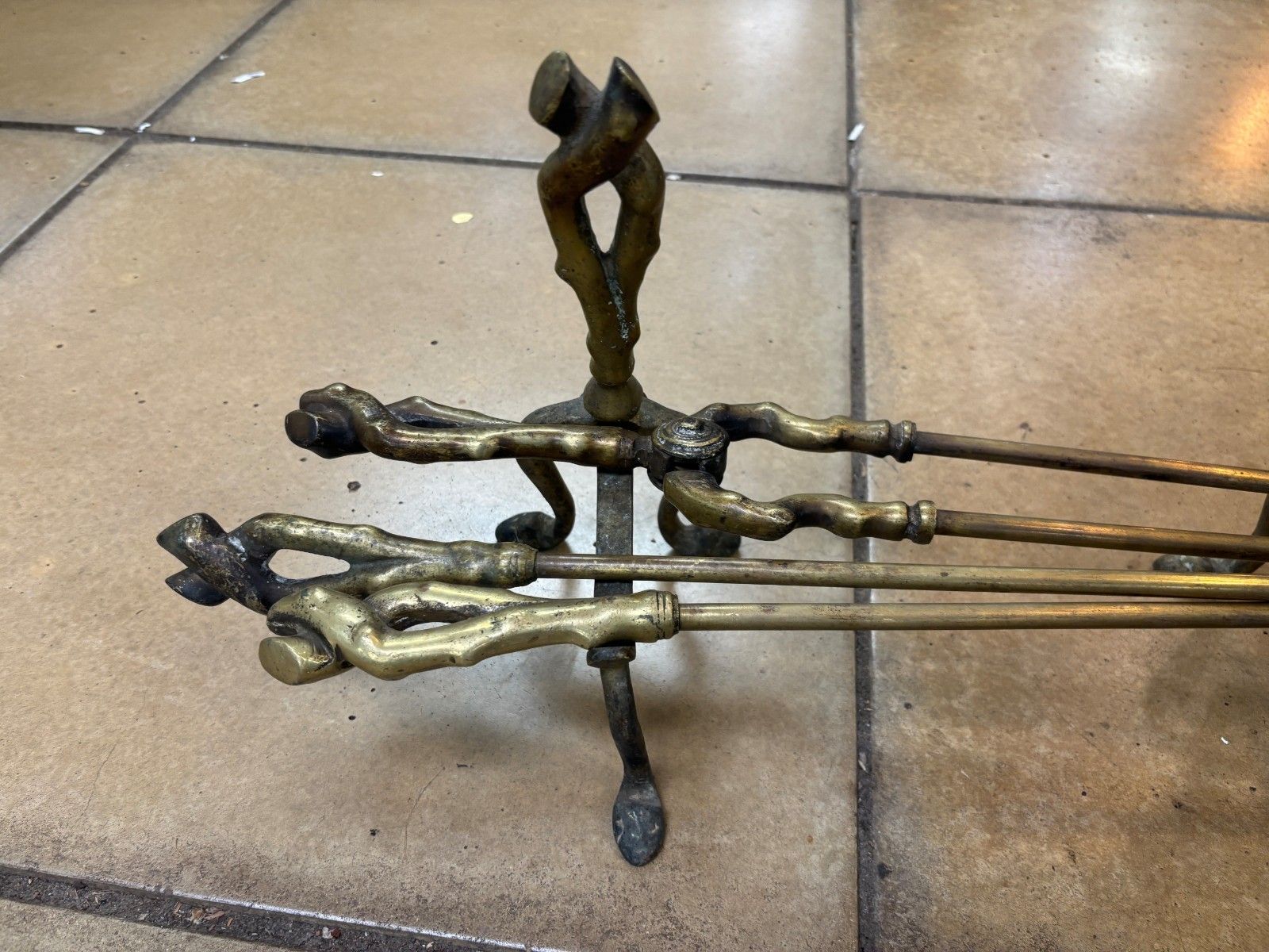 Antique Brass Fire Companion Set With Fire Dog Stands photo vintage