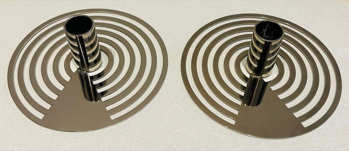 photo for sale Pair Of Swedish Contemporary Polished Chrome Concentric Patterned Eightmood Candleholders