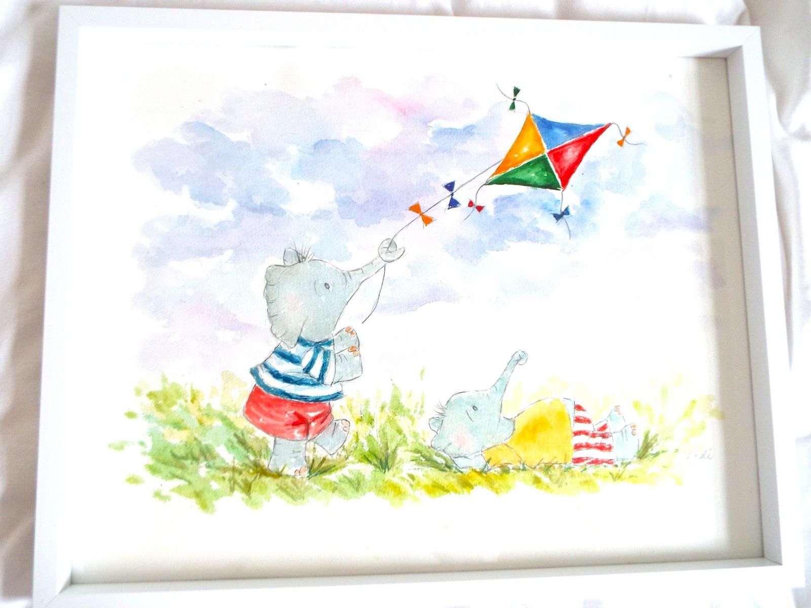 New Watercolour Kite Flying Elephants Painting Framed Original Andi Lucas