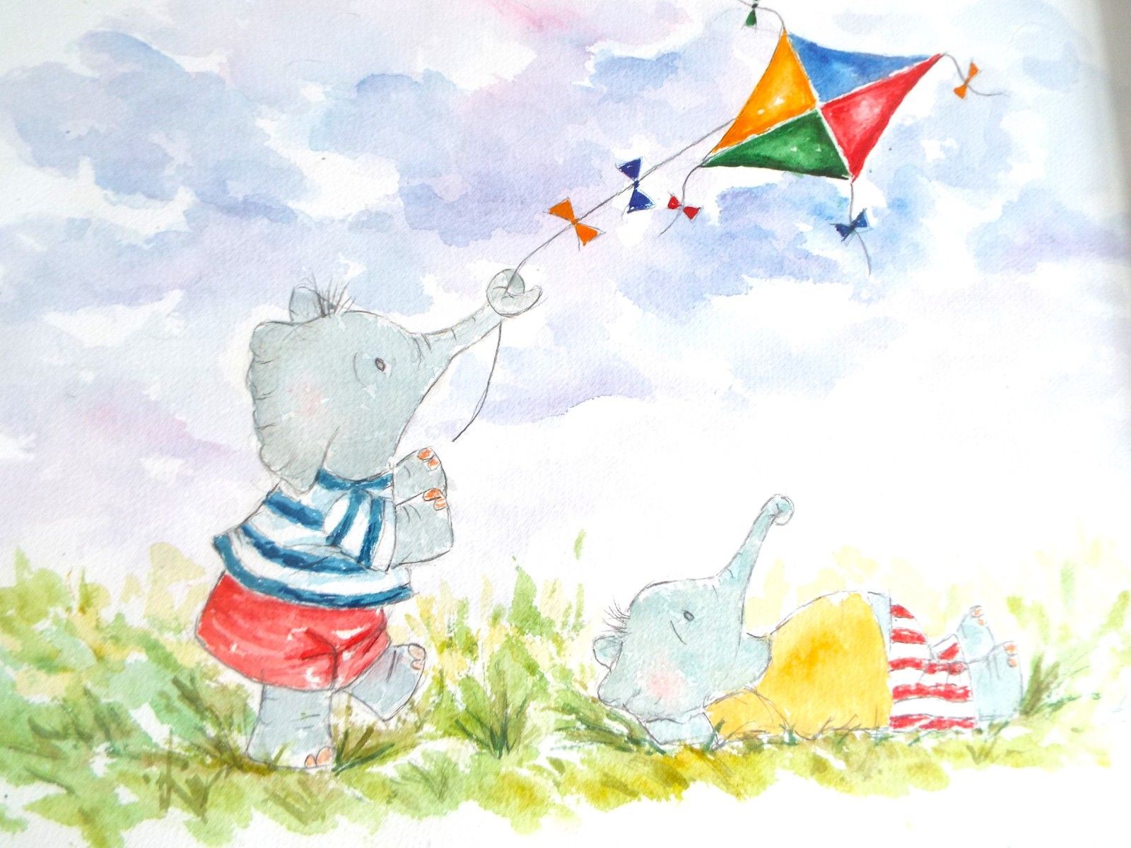 New Watercolour Kite Flying Elephants Painting Framed Original Andi Lucas photo furniture