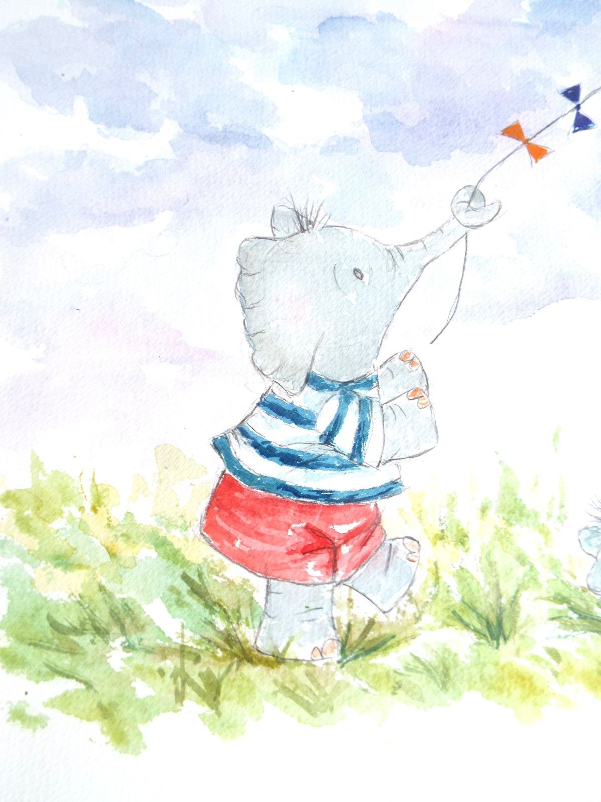 New Watercolour Kite Flying Elephants Painting Framed Original Andi Lucas photo for sale