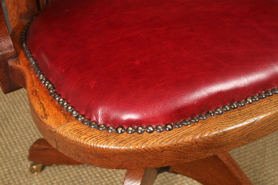 English Edwardian Oak & Red Leather Revolving Office Desk Arm Chair (Circa 1910) photo Furniture