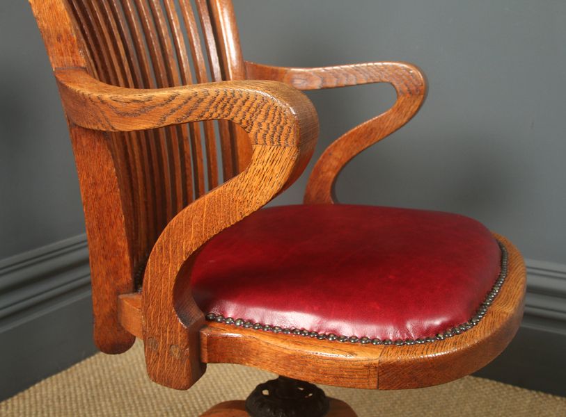 English Edwardian Oak & Red Leather Revolving Office Desk Arm Chair (Circa 1910) photo 975.0