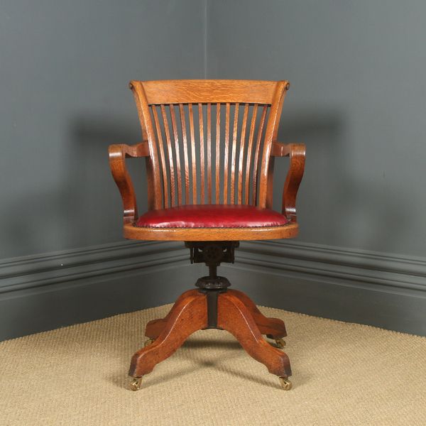 English Edwardian Oak & Red Leather Revolving Office Desk Arm Chair (Circa 1910) photo vintage