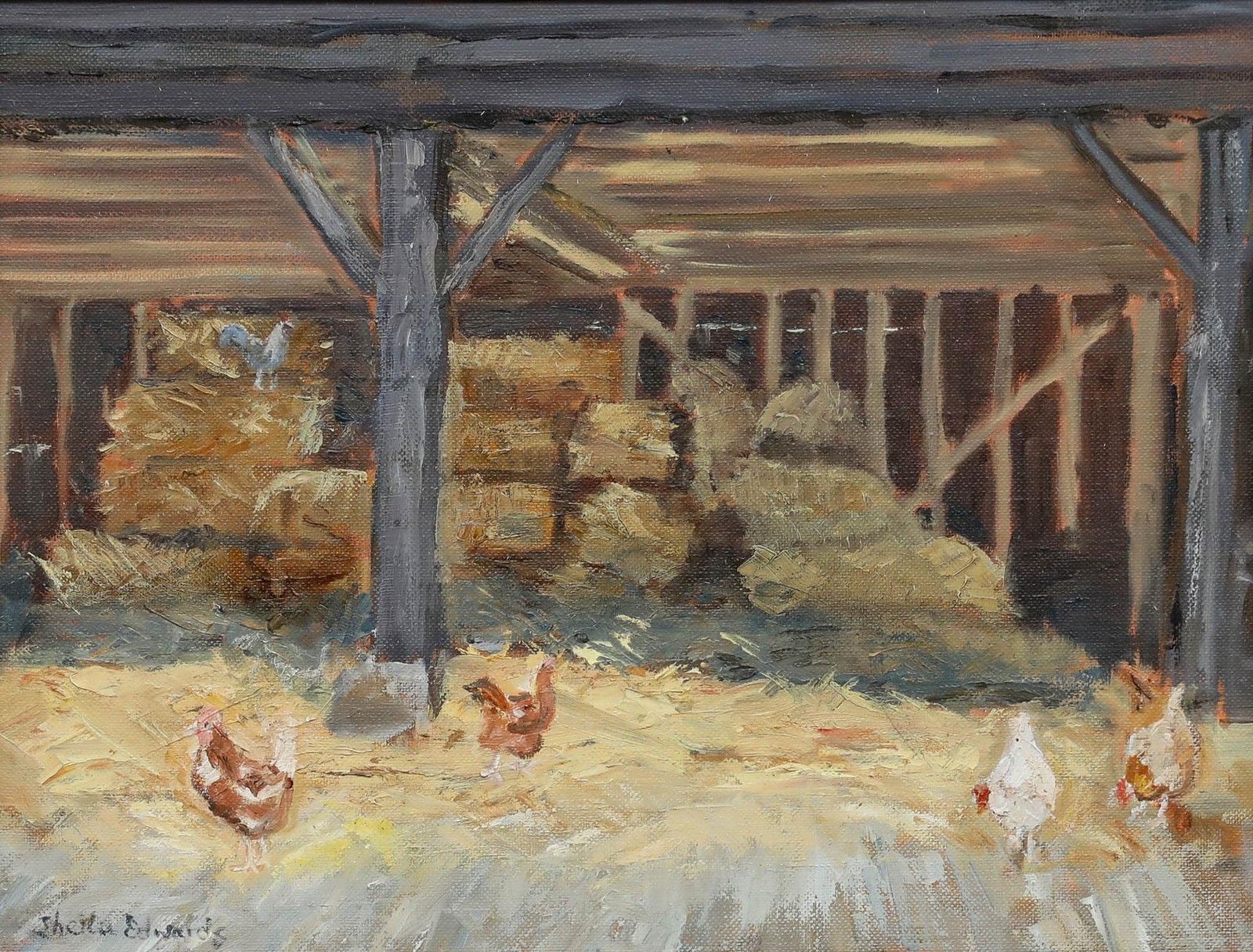 Sheila Edwards Framed 20th Century Oil, Chickens In A Straw Barn photo furniture