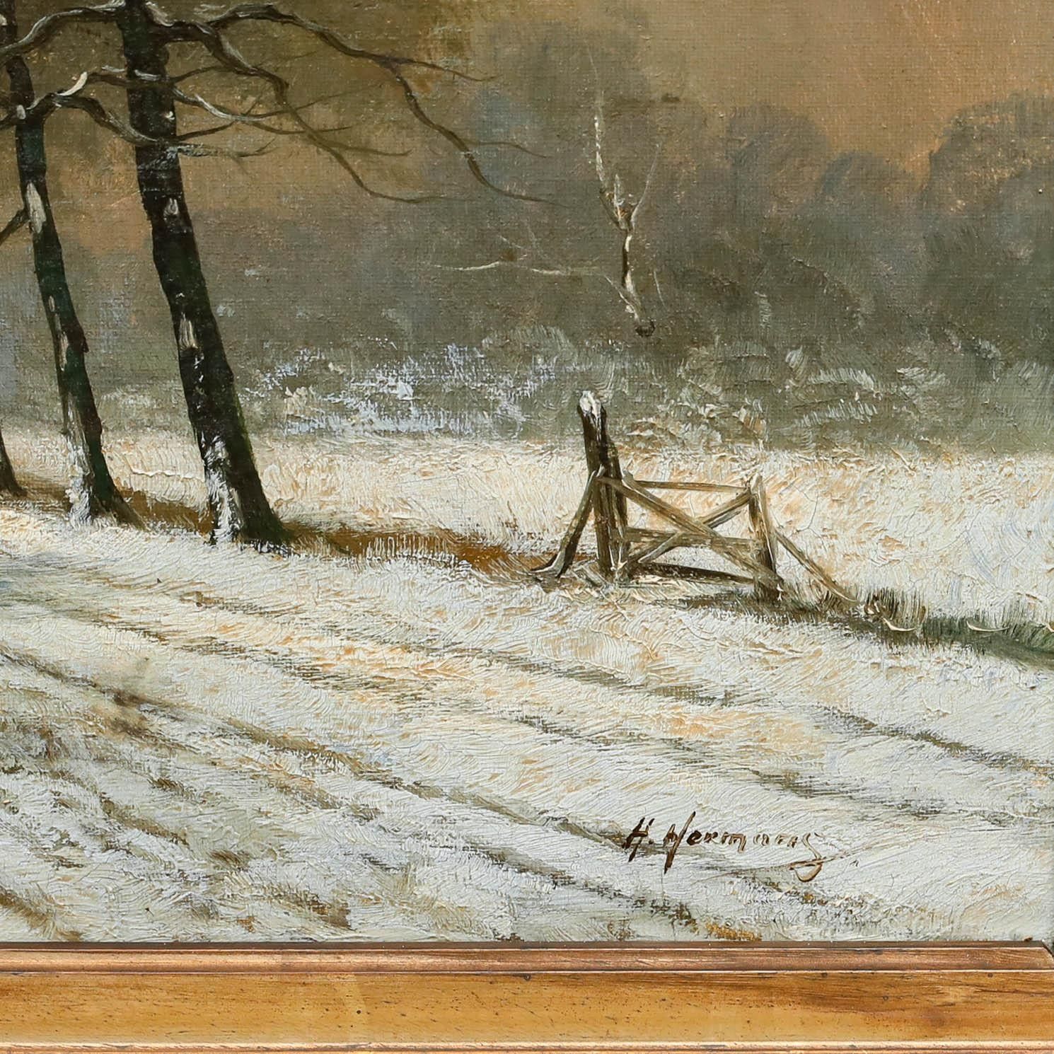 H. Hermans Early 20th Century Oil, Working On A Winter's Day photo vinterior