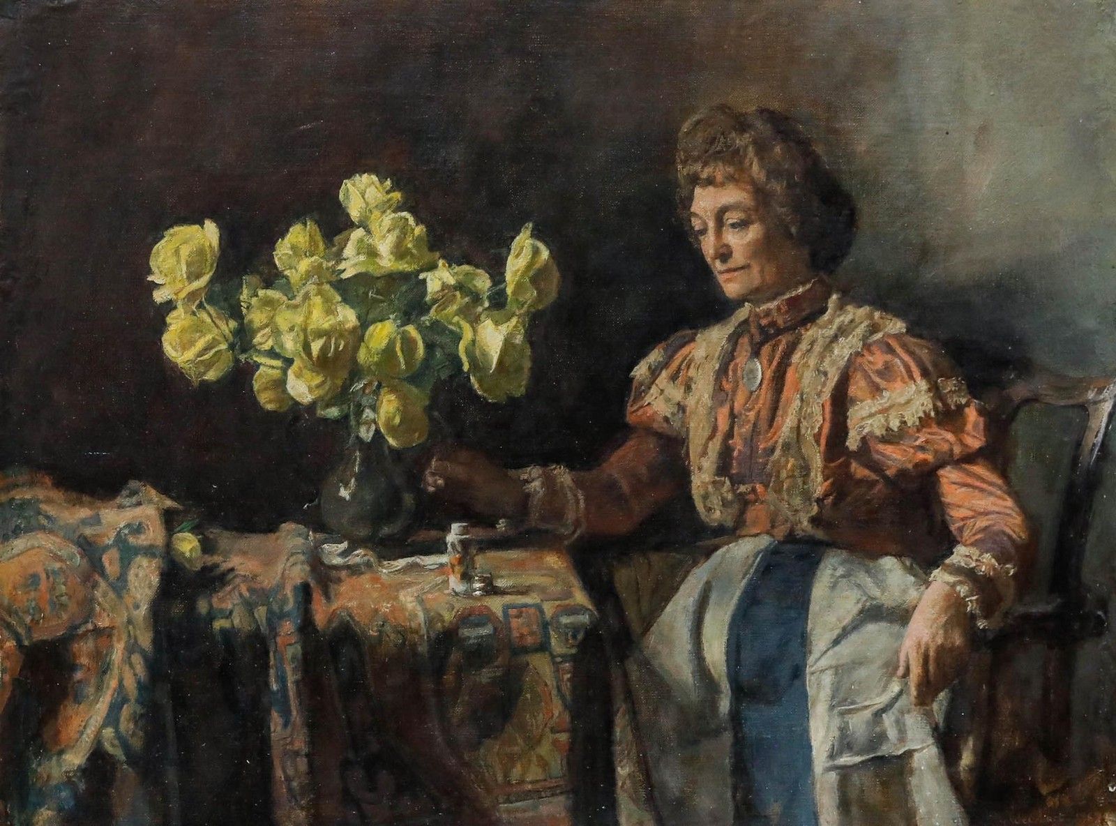 George Weissbort (1928 2013) Framed 20th Century Oil, Lady With Yellow Roses photo furniture