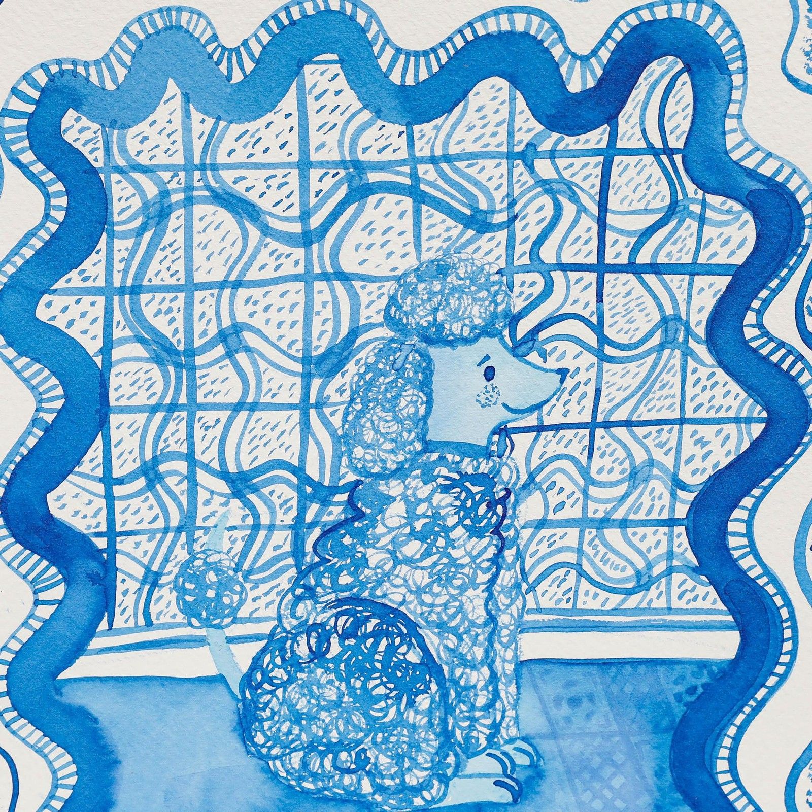 Jemma Jamie 2025 Pen And Ink Drawing, Poodle In Blue photo Art