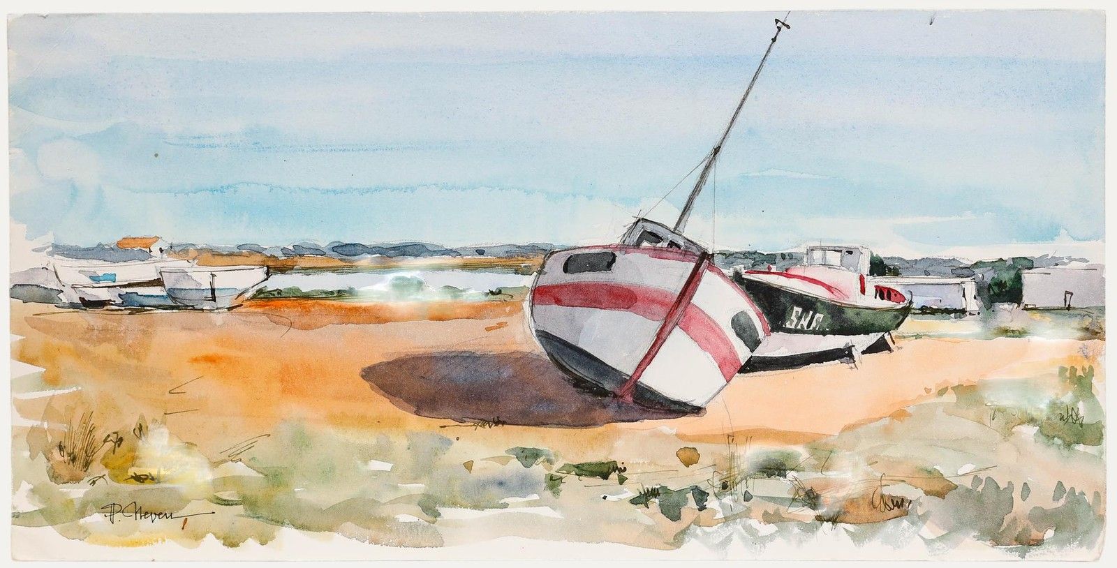 Pierre Neveu (B.1929) Contemporary Watercolour, Boats In Noumentier