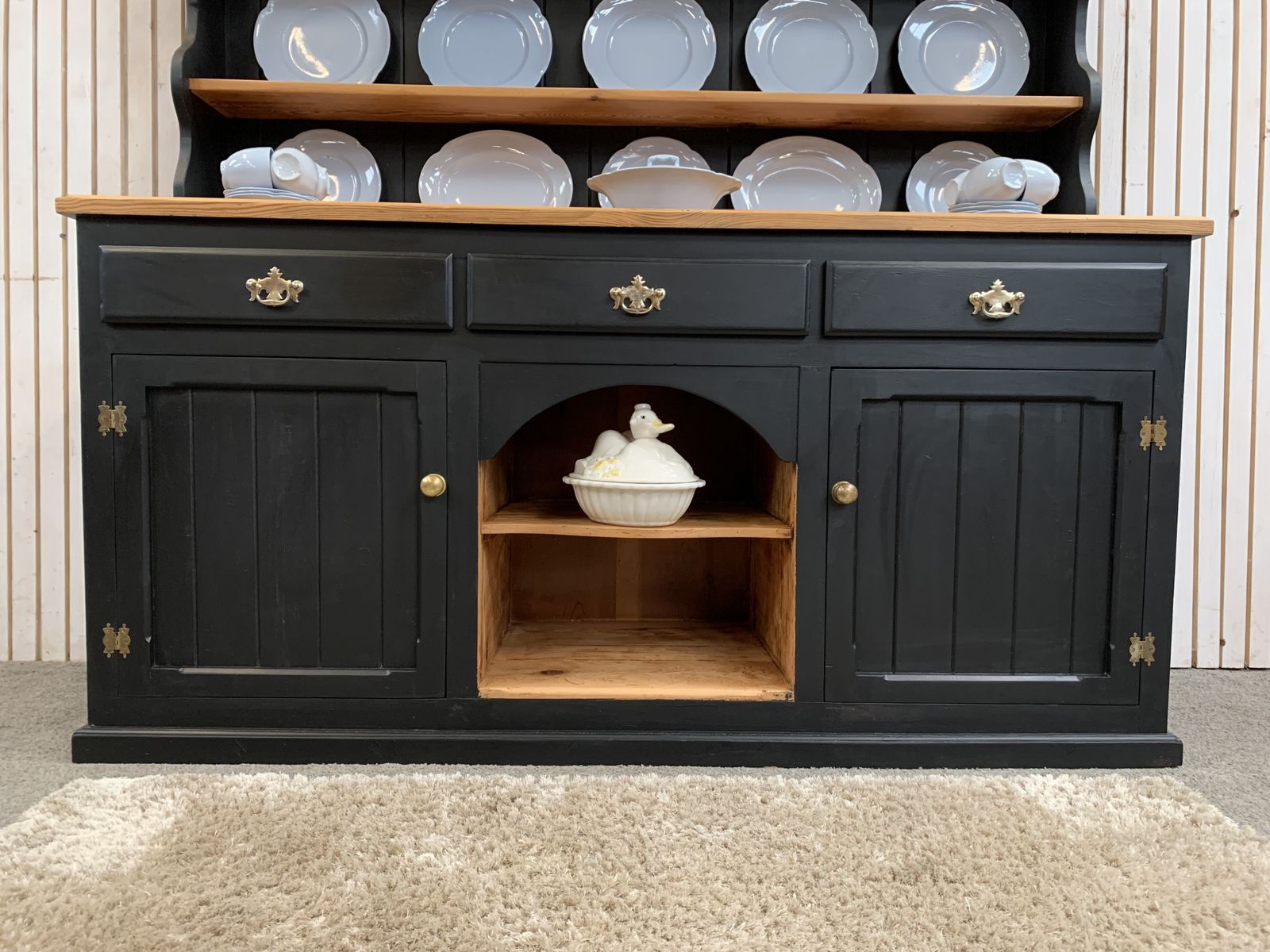 photo furniture Painted Black Upcycled Pine Country Farmhouse Large 2 Door  Welsh Dresser.