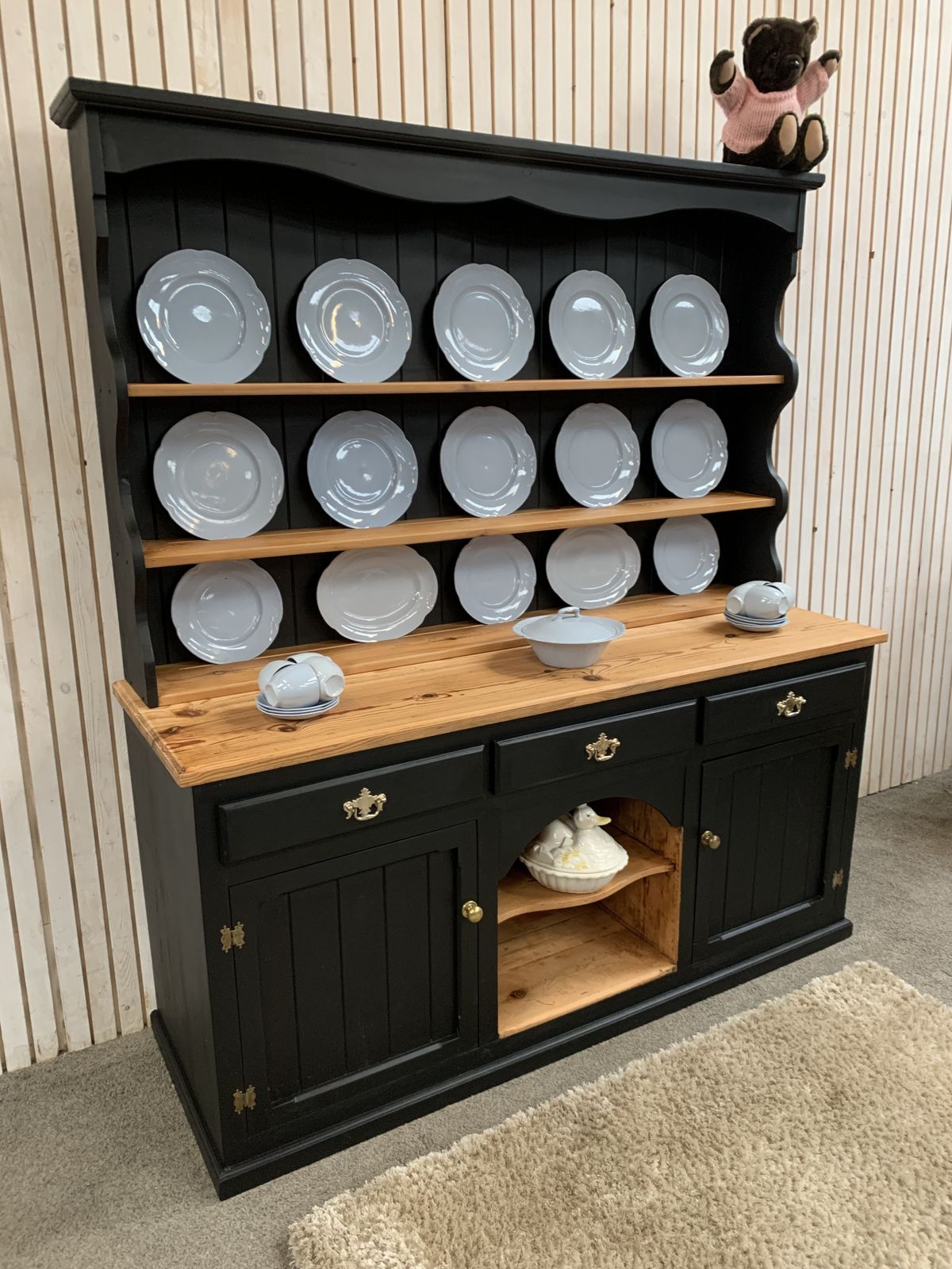 849.0 Painted Black Upcycled Pine Country Farmhouse Large 2 Door  Welsh Dresser. photo
