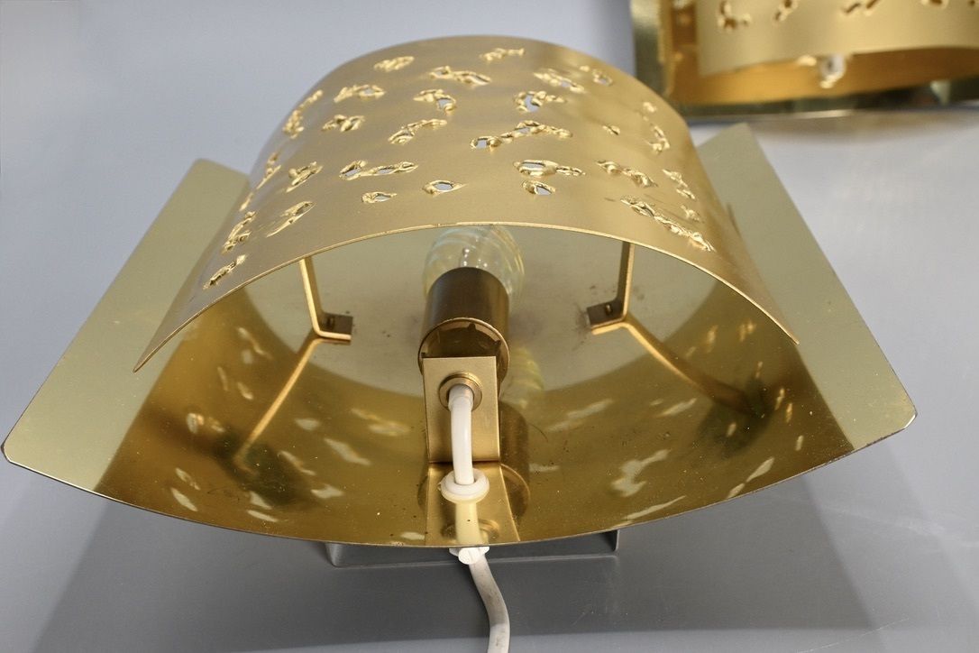 Pair Of Matching Perforated Brutalist Brass Wall Lamps Made By Borens Sweden, 1970s photo furniture