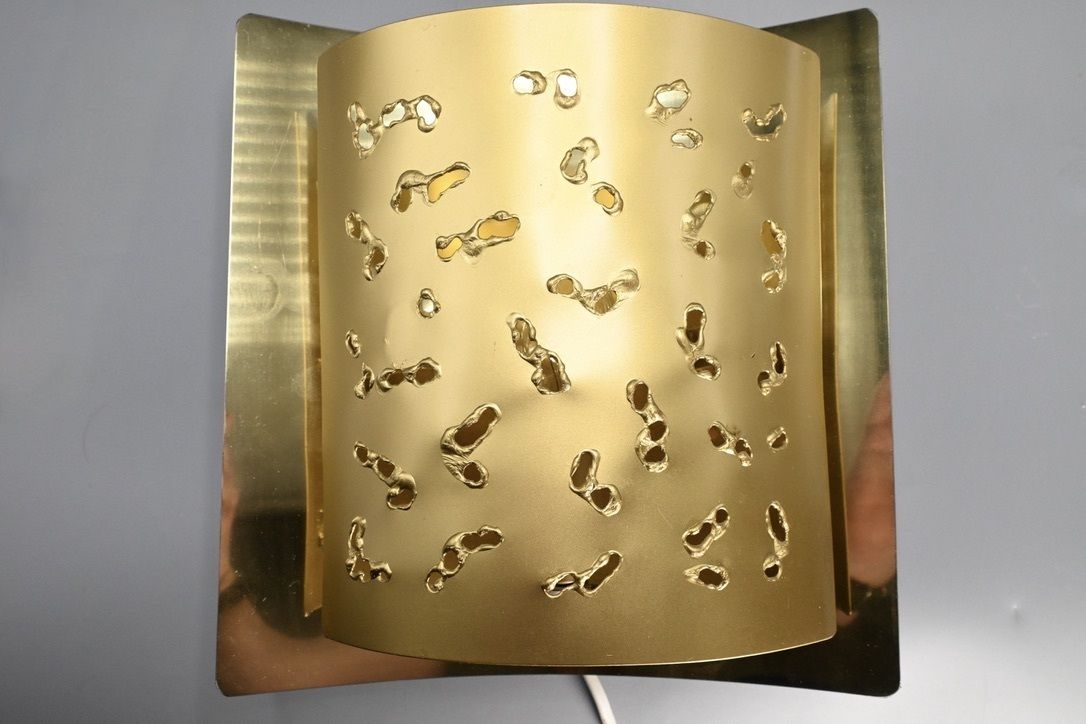 Pair Of Matching Perforated Brutalist Brass Wall Lamps Made By Borens Sweden, 1970s photo vintage