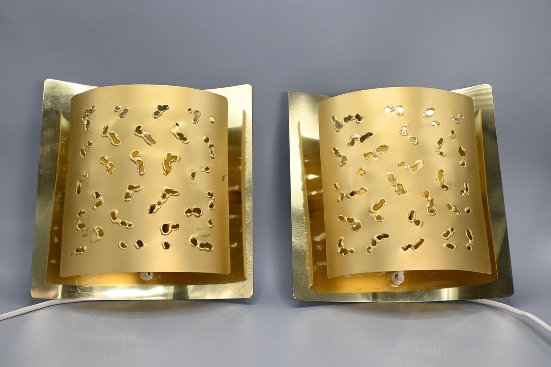 Pair Of Matching Perforated Brutalist Brass Wall Lamps Made By Borens Sweden, 1970s photo 545.0