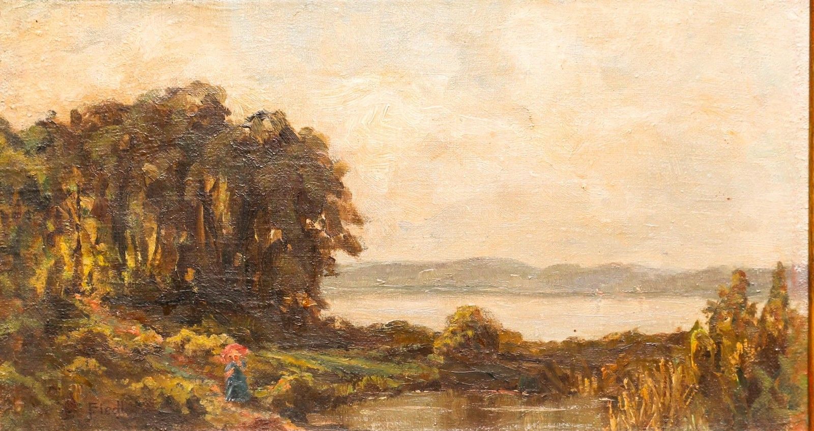Marianne Fiedler (1864 1904) Late 19th Century Oil, Lakeside Study With Figure photo furniture