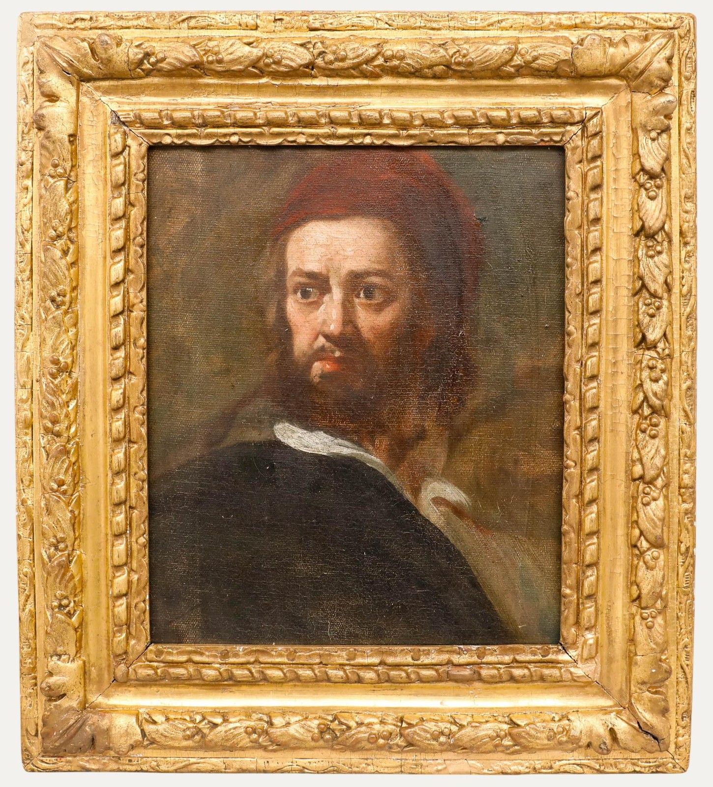 18th Century Oil Bust Of A Man In Red Cap