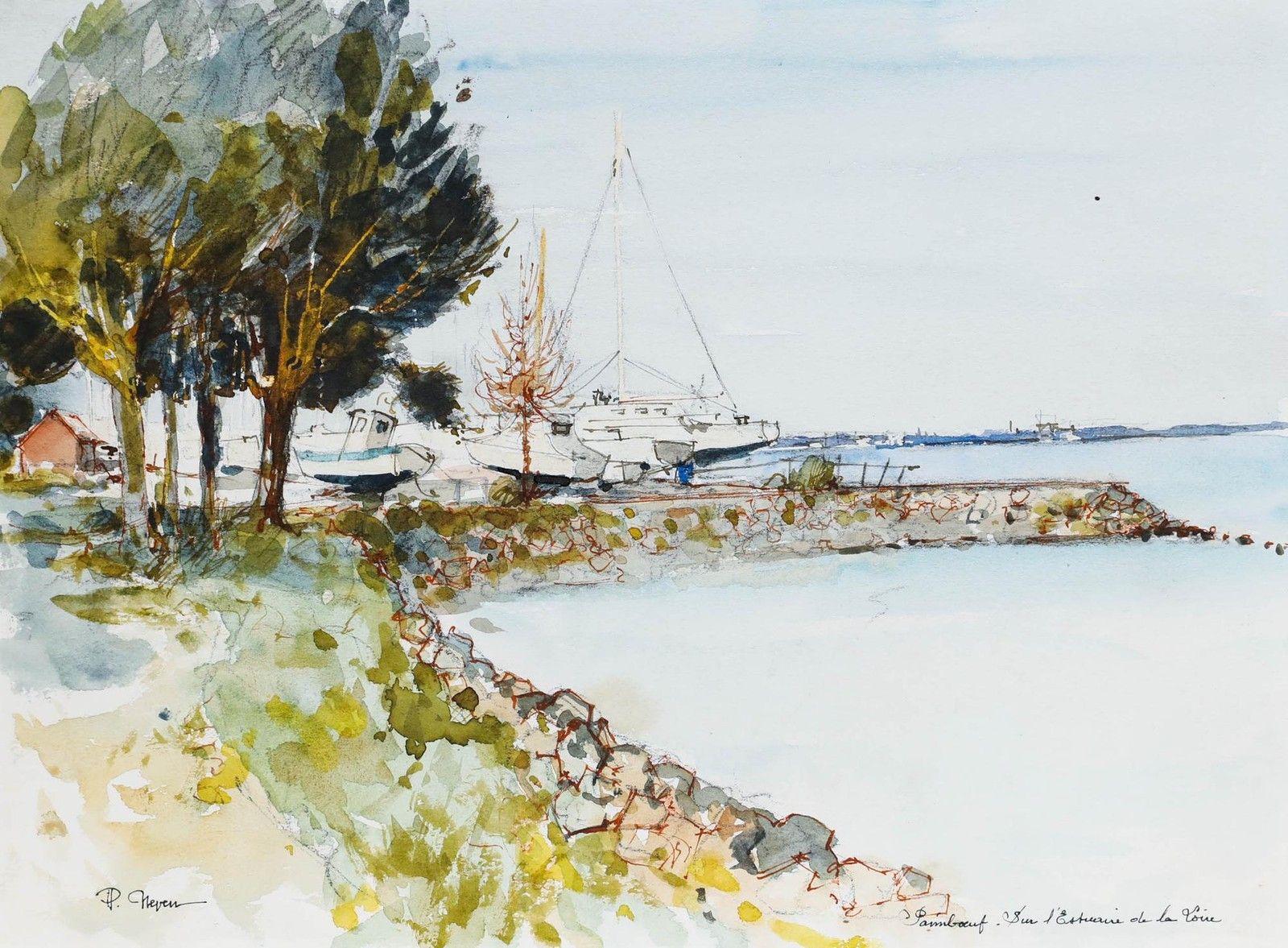 Pierre Neveu (B.1929) Contemporary Watercolour, Paimboeuf photo furniture