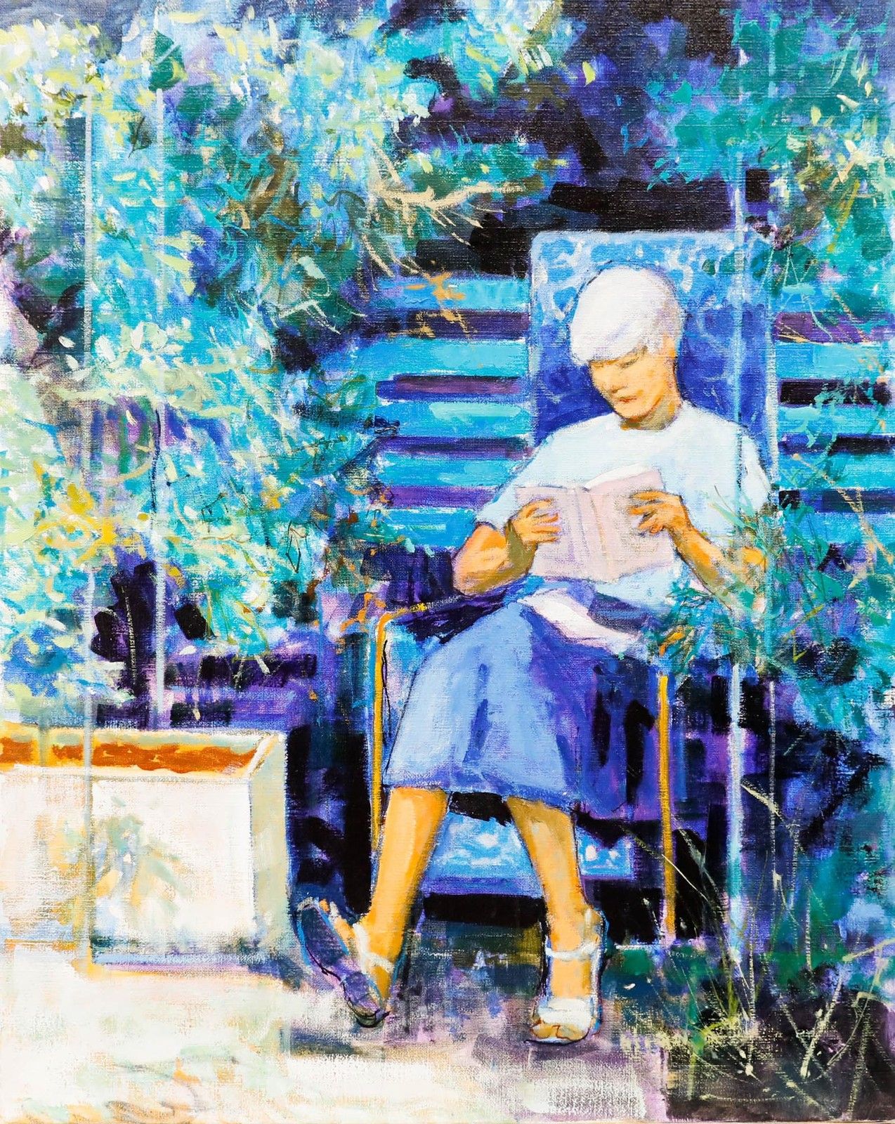 Pierre Neveu (B.1929) Contemporary Oil, Reading In The Garden photo furniture