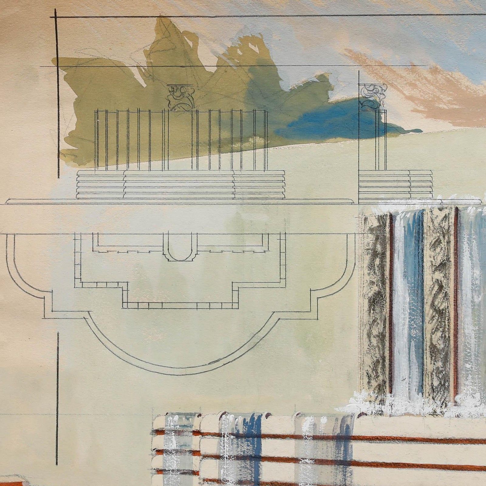 Pierre Neveu (B.1929) Mid 20th Century Gouache, The Fountain photo for sale