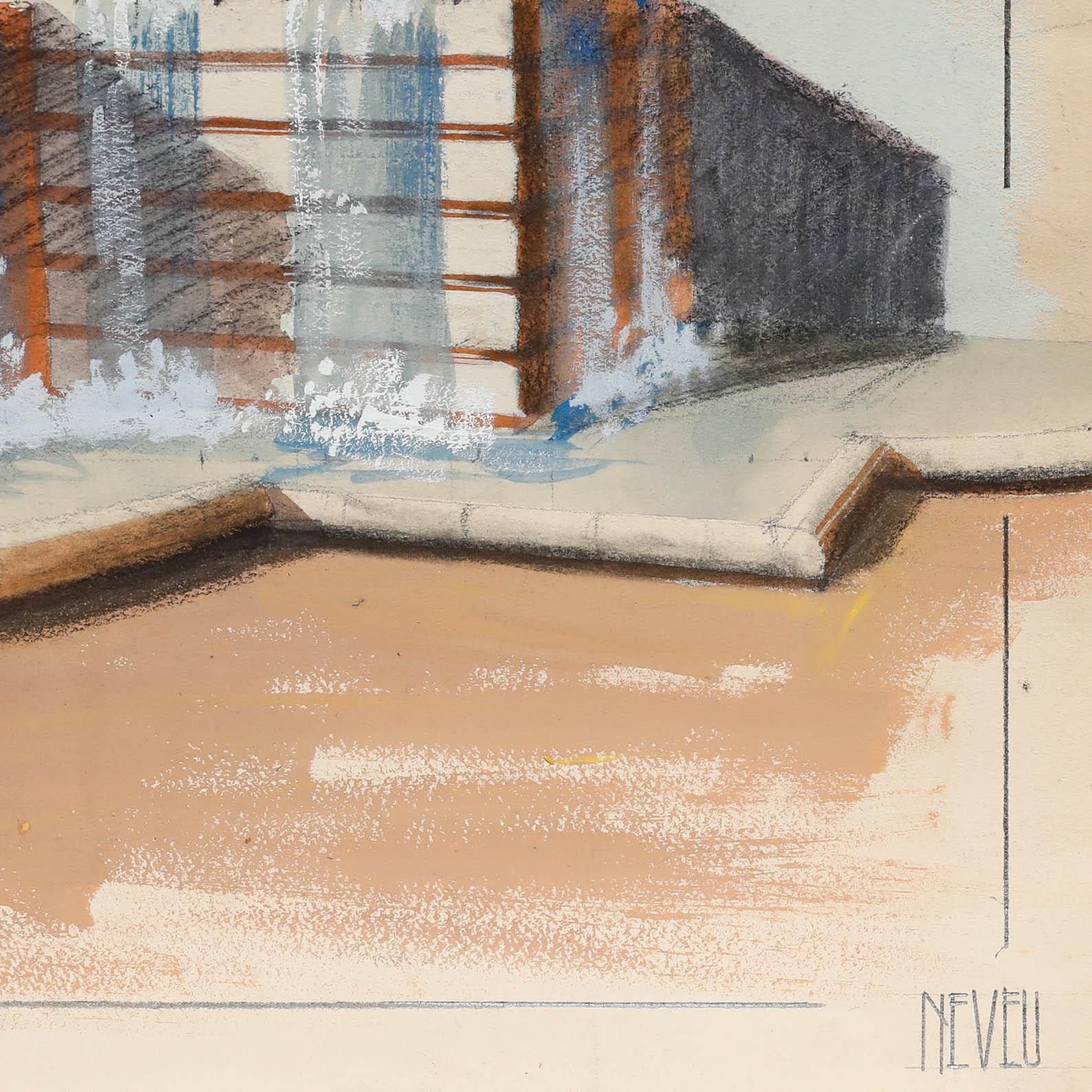 Pierre Neveu (B.1929) Mid 20th Century Gouache, The Fountain photo vinterior