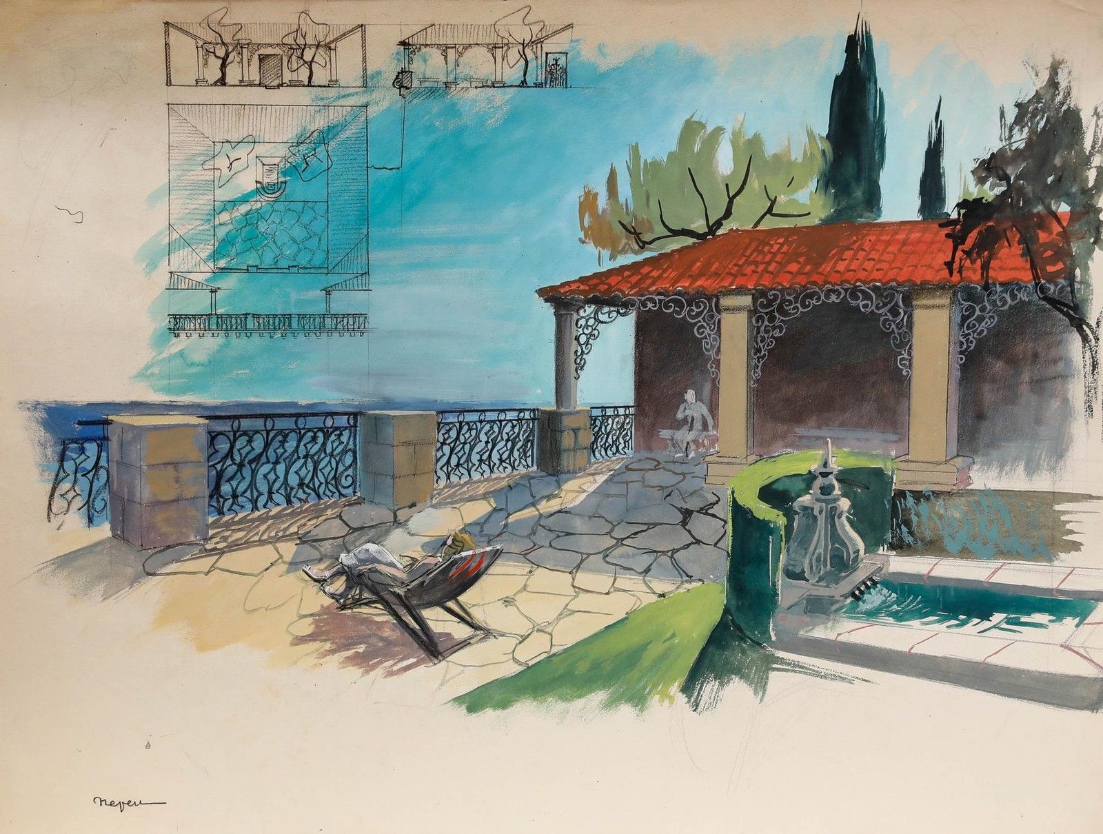 Pierre Neveu (B.1929) Mid 20th Century Gouache, Rooftop Terrace photo furniture