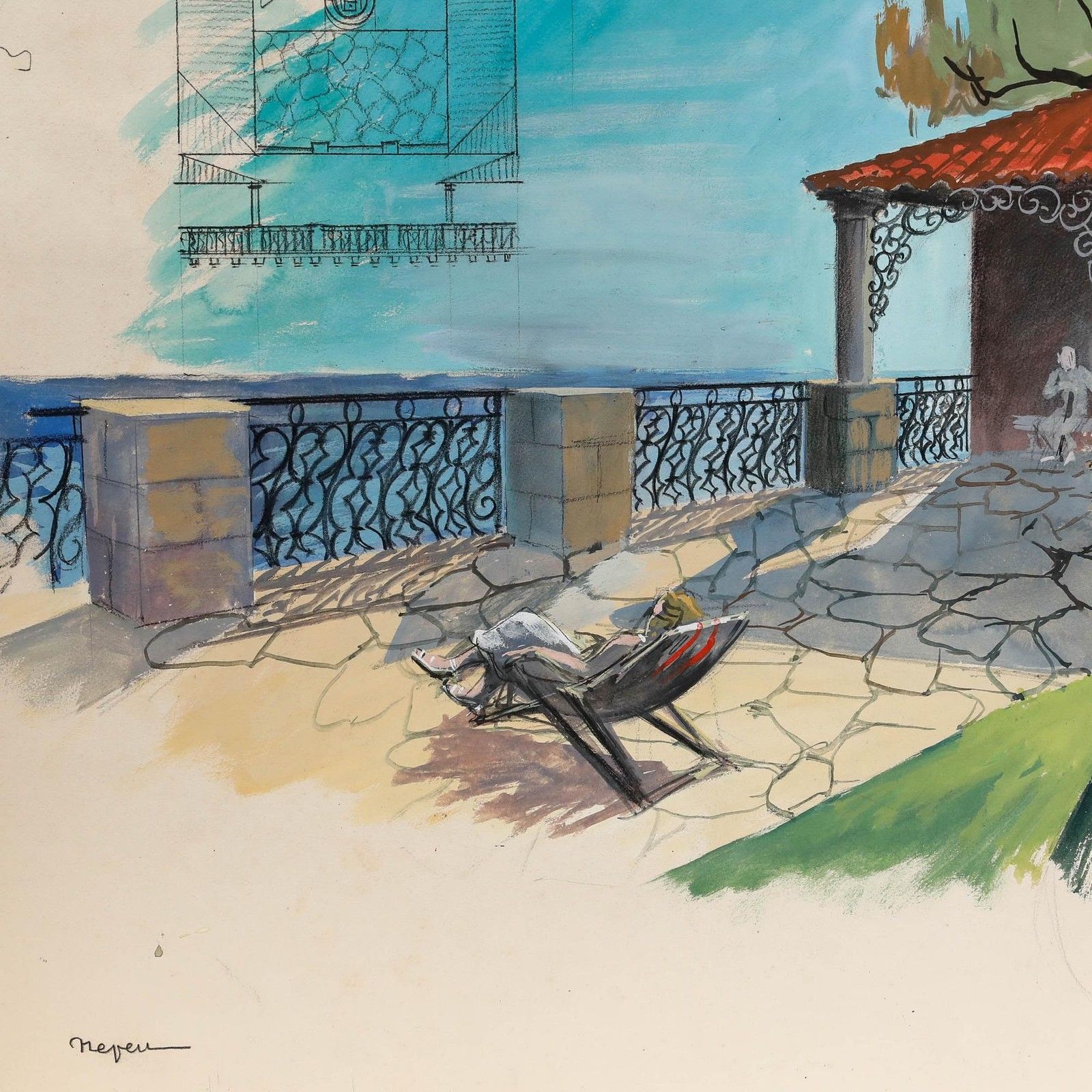 Pierre Neveu (B.1929) Mid 20th Century Gouache, Rooftop Terrace photo 250.0