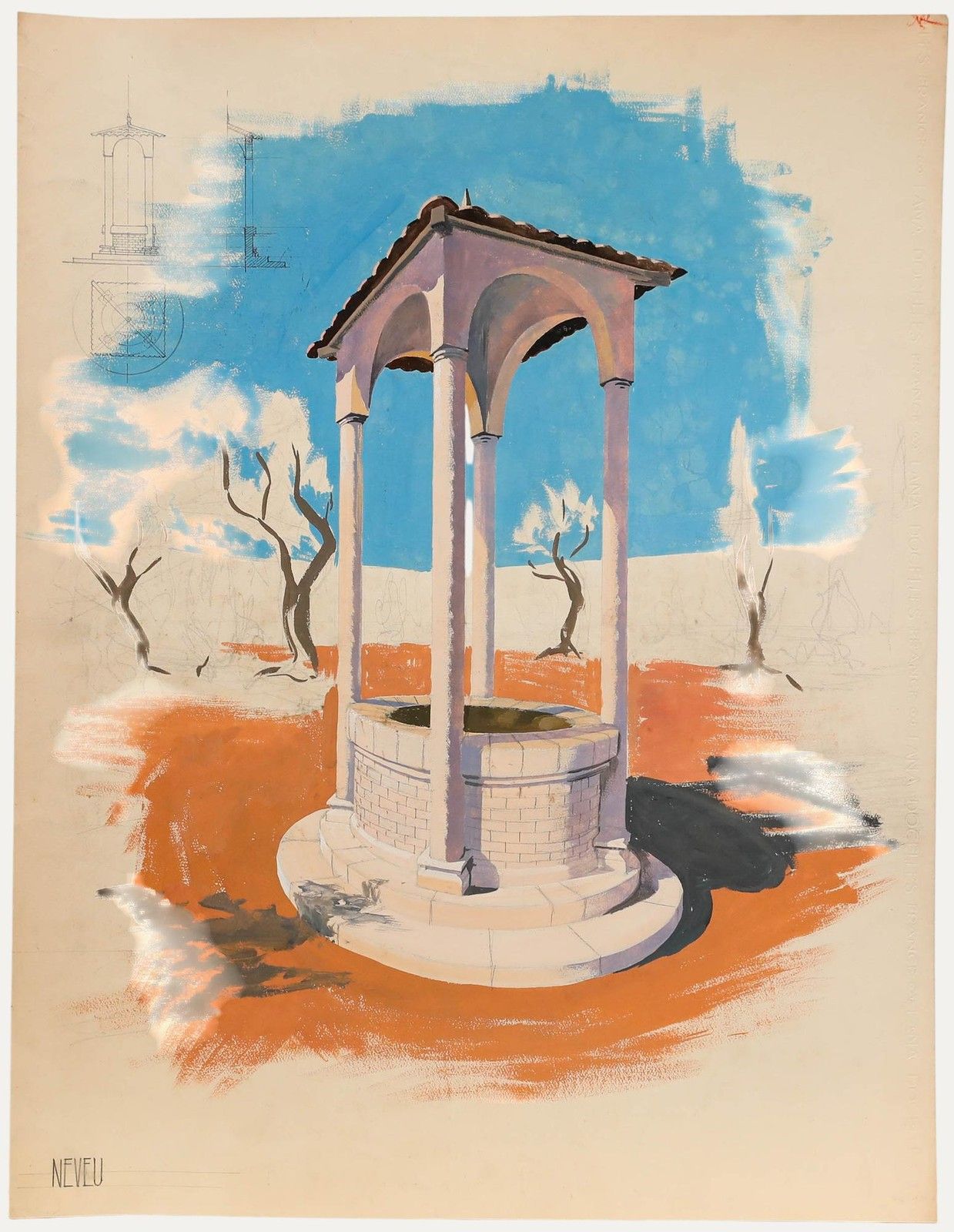Pierre Neveu (B.1929) Mid 20th Century Gouache, The Well