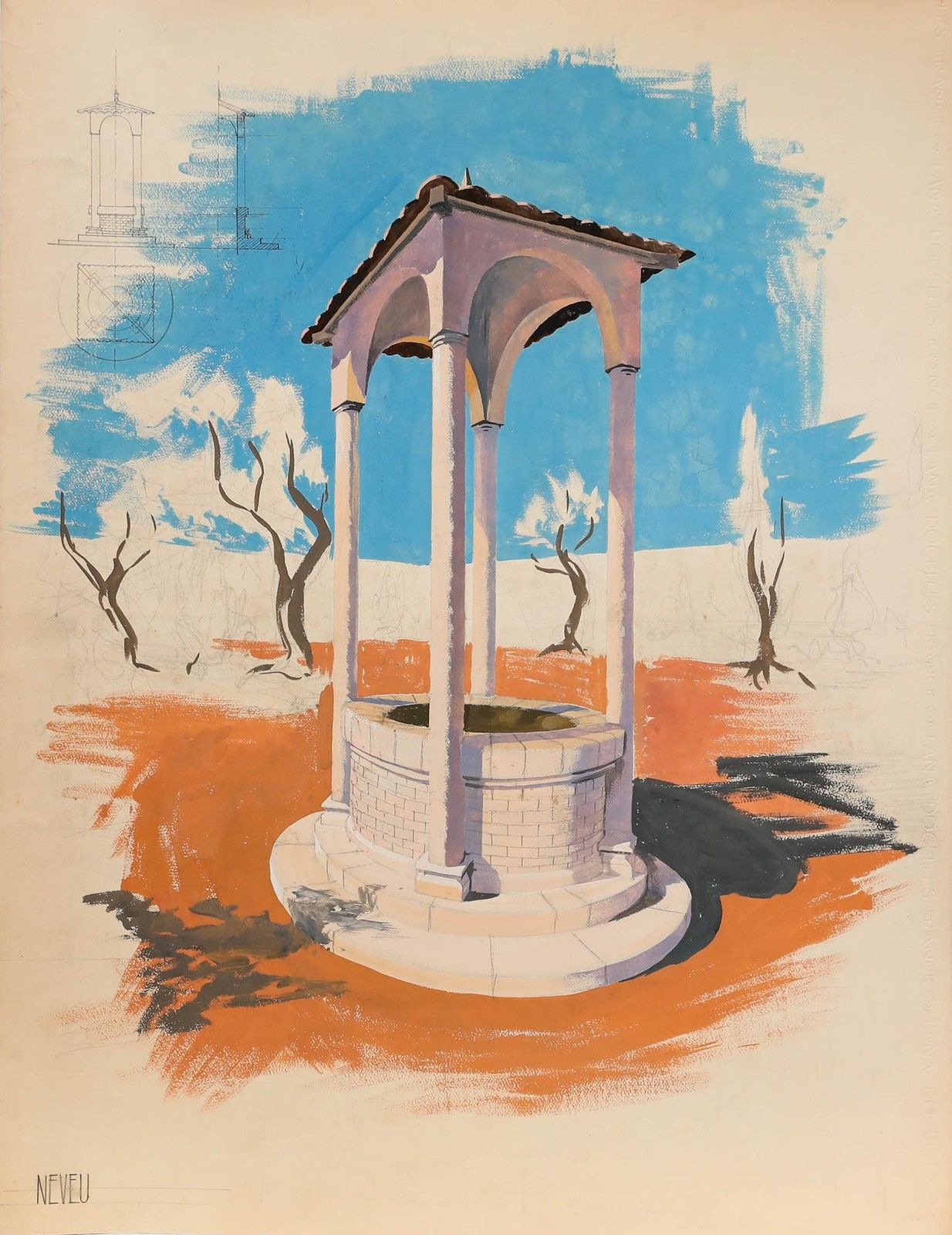 Pierre Neveu (B.1929) Mid 20th Century Gouache, The Well photo furniture