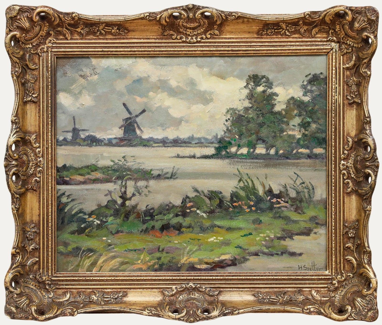 Hendrik Spetter (1902 1985) Framed Oil, Water Rich Landscape With Windmills
