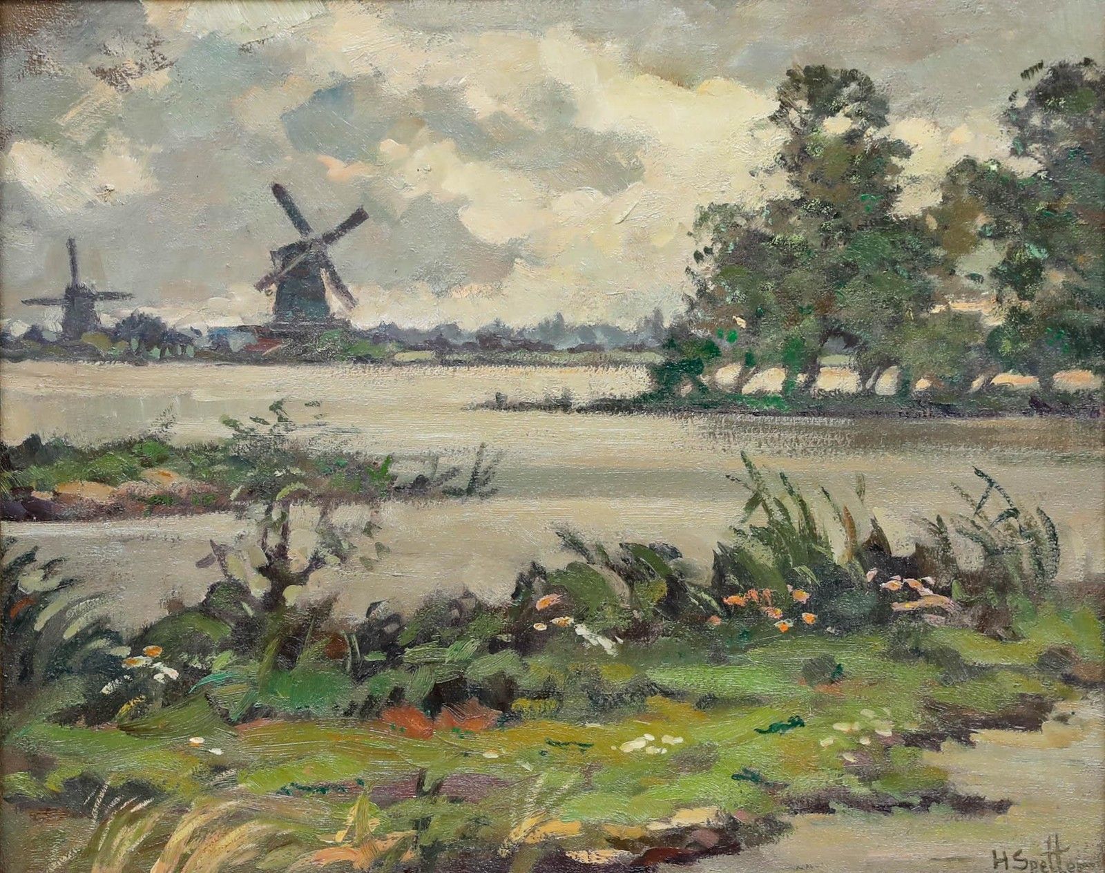Hendrik Spetter (1902 1985) Framed Oil, Water Rich Landscape With Windmills photo furniture