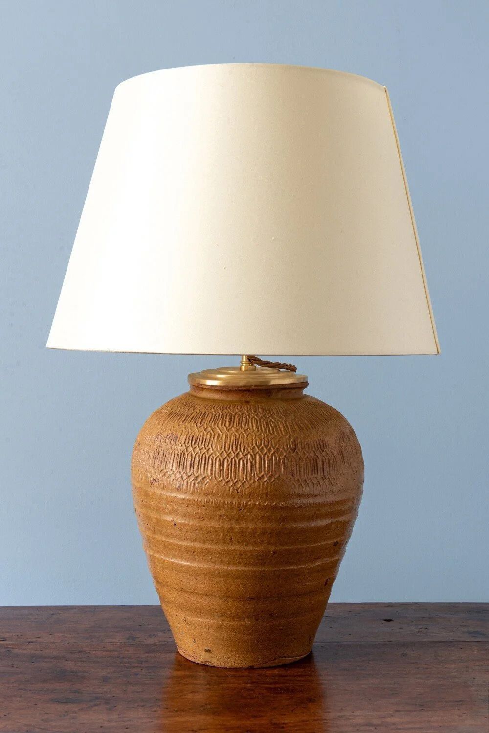 French Carved Stoneware Vase Table Lamp, Midcentury photo furniture