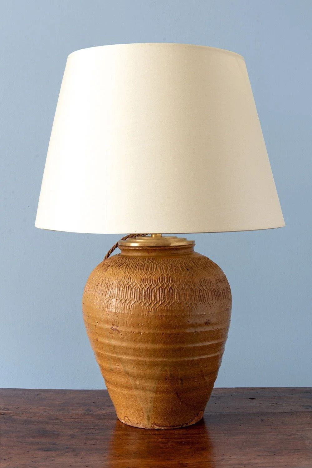 French Carved Stoneware Vase Table Lamp, Midcentury photo for sale