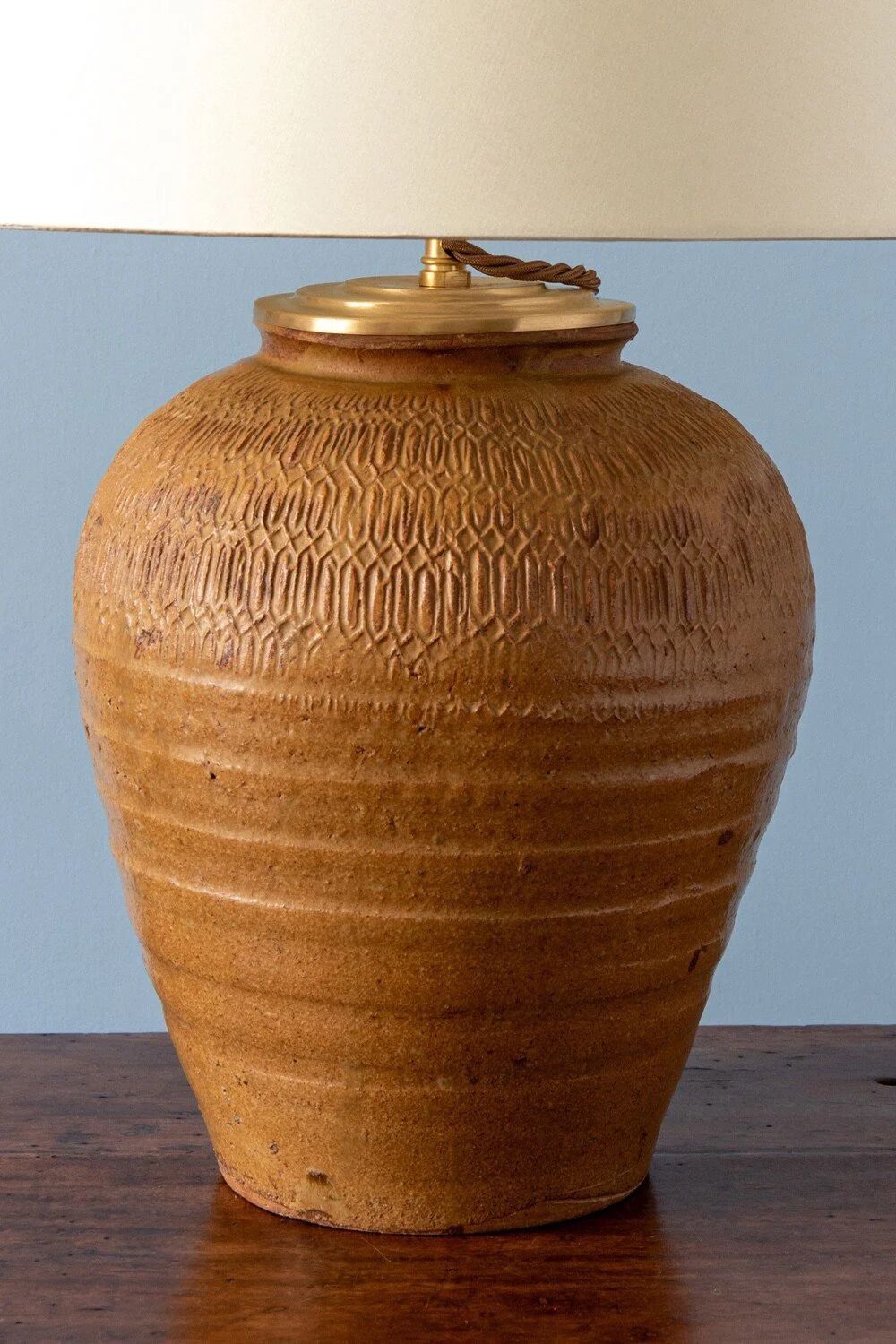French Carved Stoneware Vase Table Lamp, Midcentury photo Home Decor