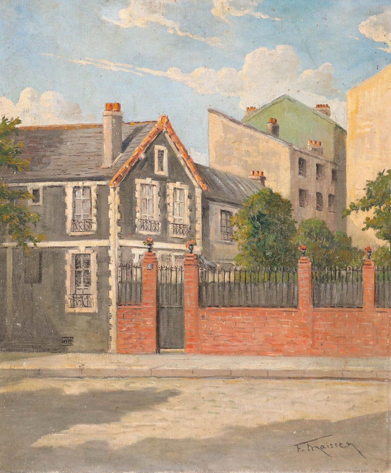 Fernand Maissen (1873 1954)  Early 20th Century Oil, Summer Evening Street photo furniture