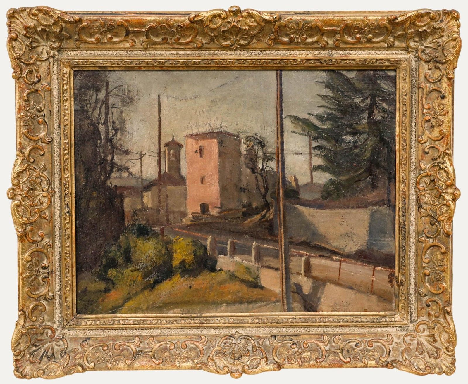 Attrib. Gioachimo Galbusera (1871 1942) Oil, Italian Village At Dusk
