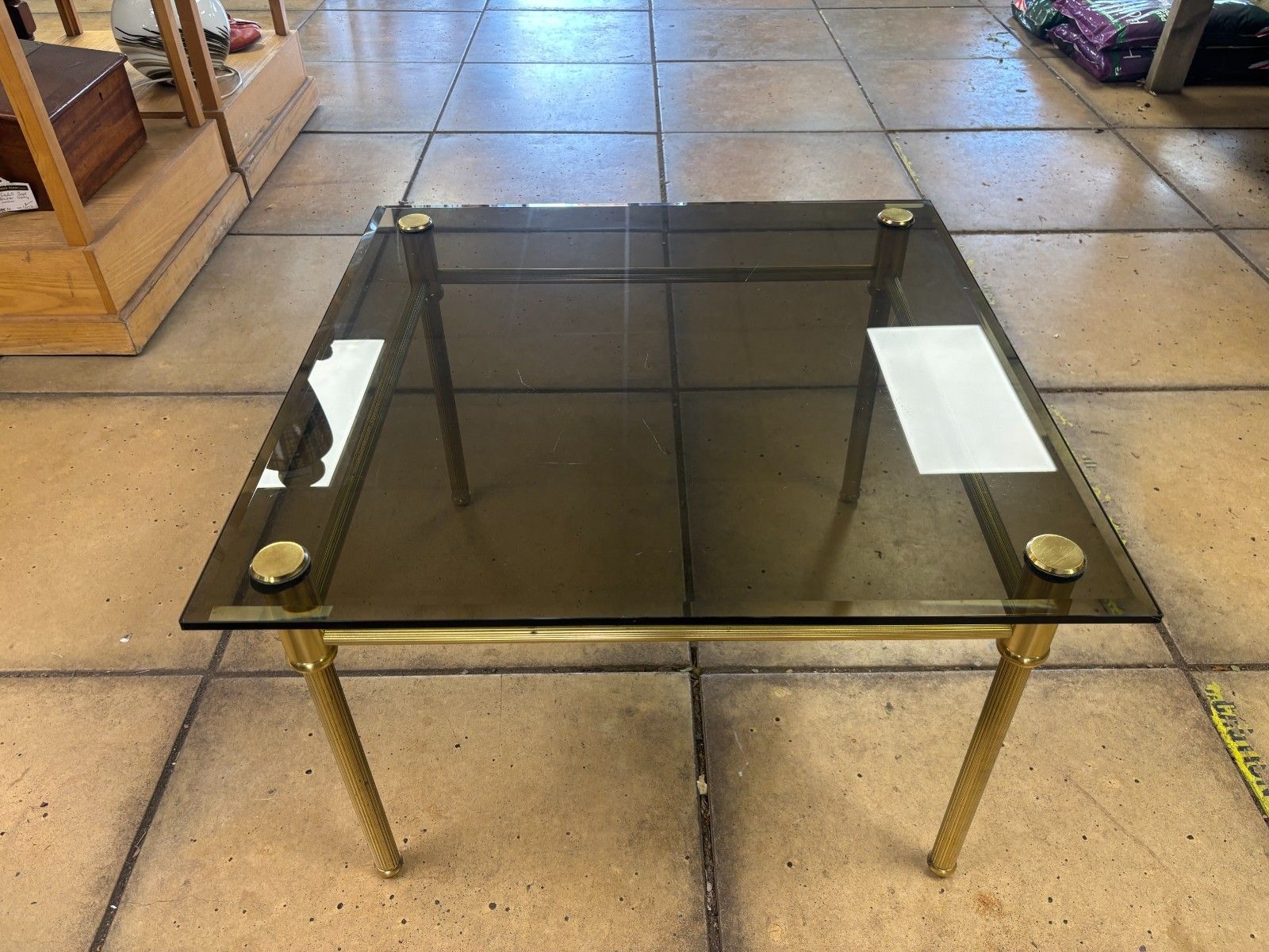 Retro/ Mid Century Gold Metal & Smoked Glass Square Coffee Table photo 55.0