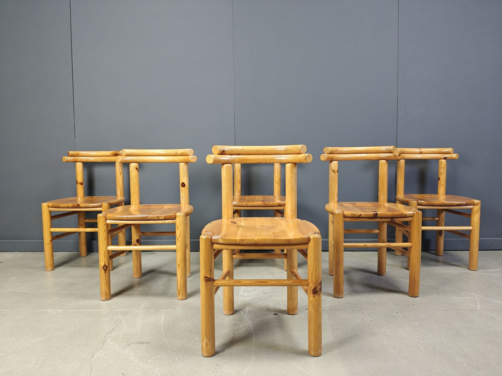 Vintage Pine Wood Dining Chairs   1980s   Set Of 6