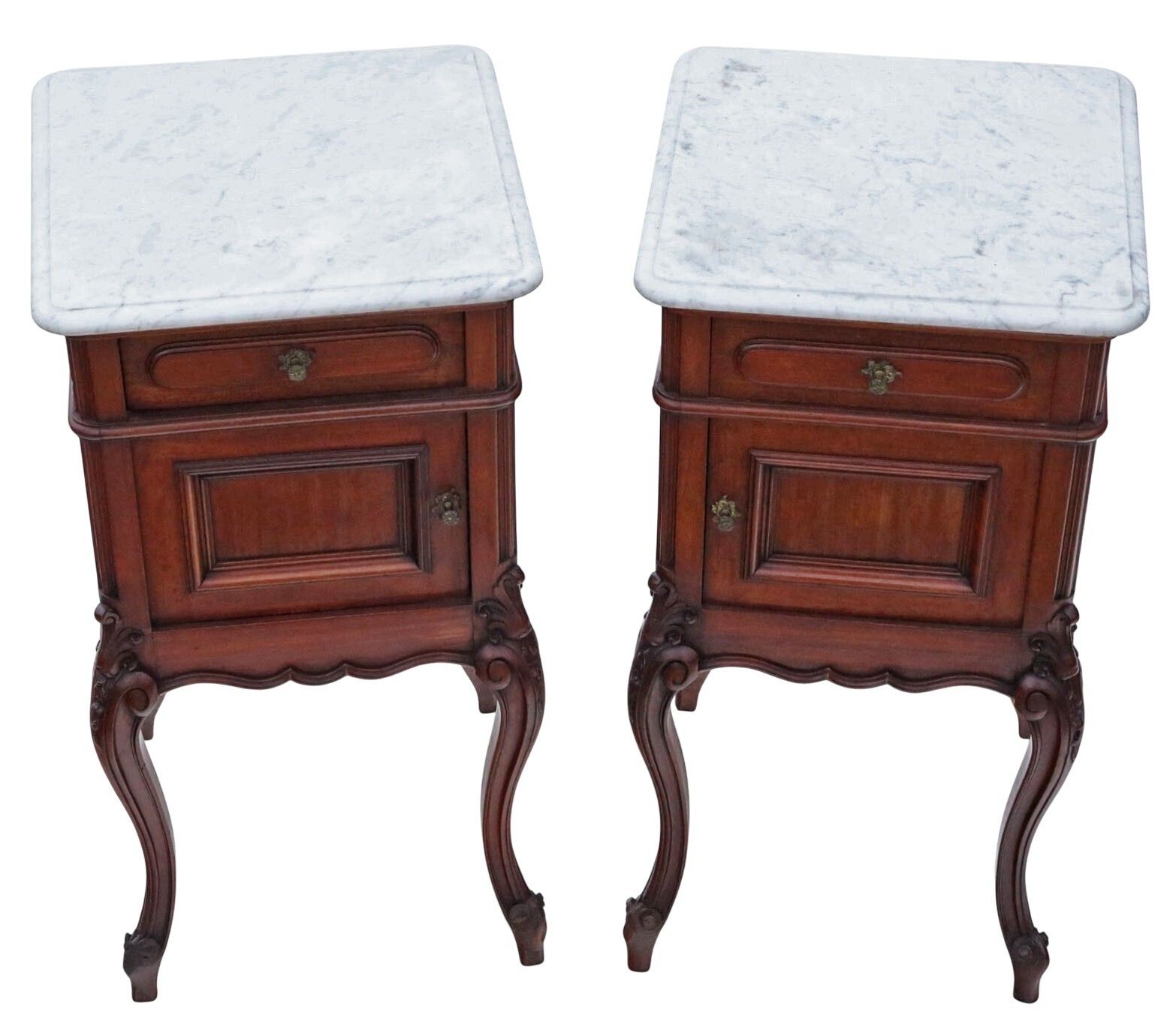 Antique C.1920 Pair Of Marble & Mahogany Bedside Tables – Quality Nightstands photo for sale