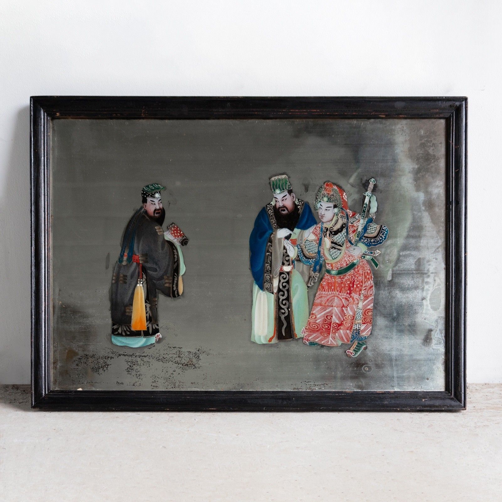 Large Antique Chinese Export Reverse Painted Mirror, Glass Painting 19th Century photo 845.0