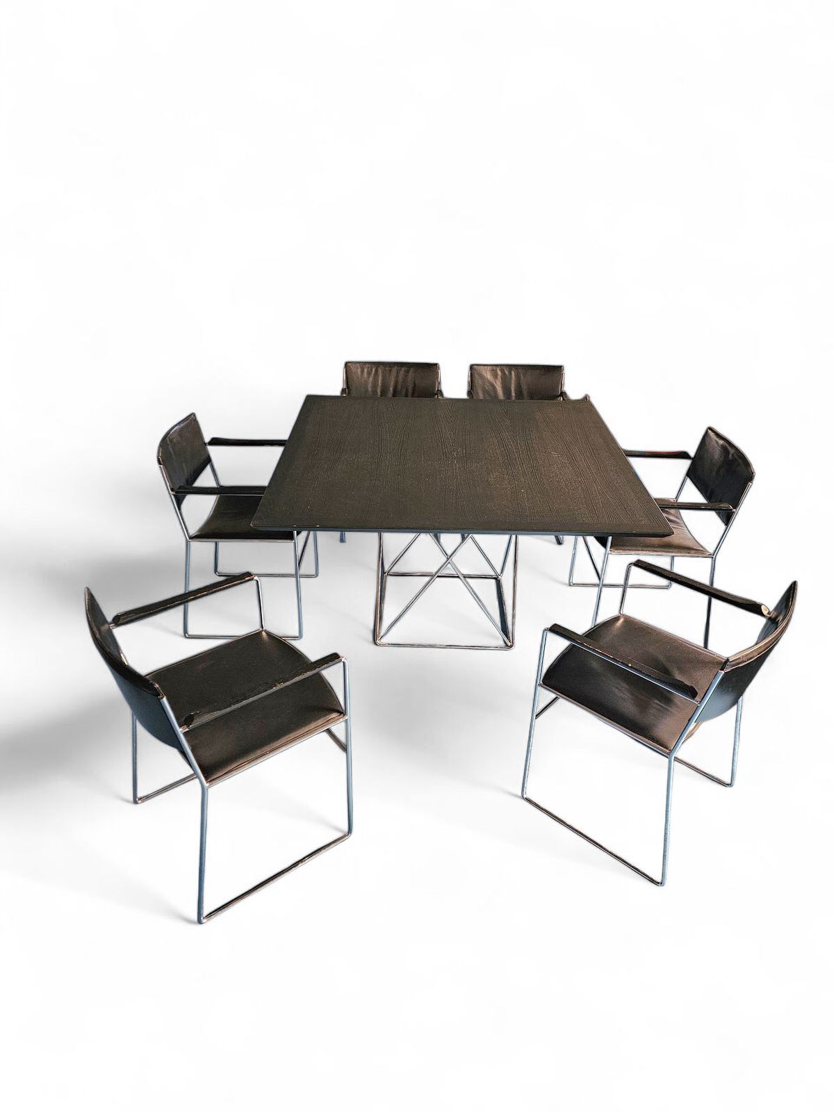 Arco Dining Set By Arnold Merckx With A Rare Arco Matching Table 1980s Black Leather / Black Top