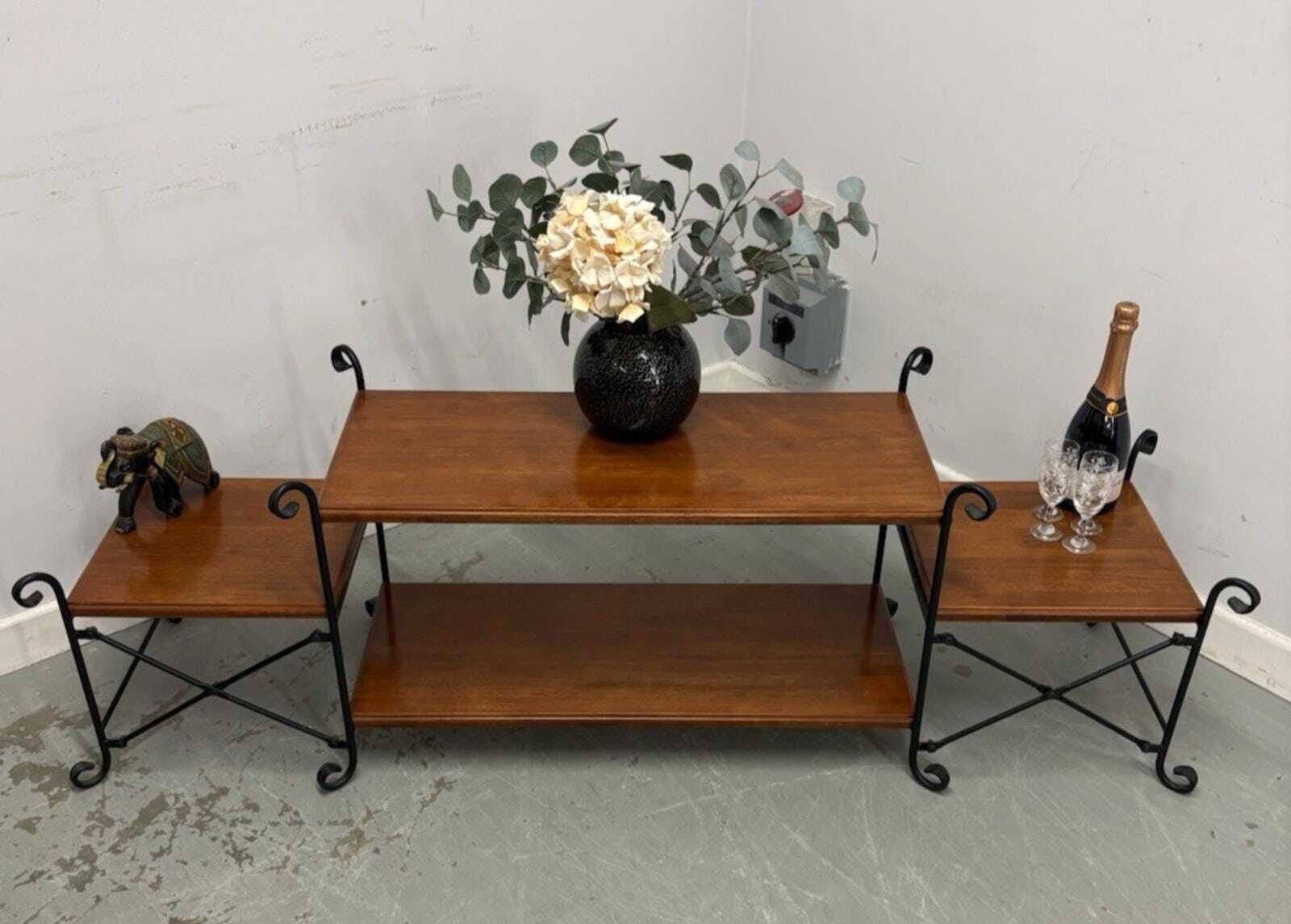 Mid Century Wood And Wrought Iron Coffee Table, Retro Long Table With Shelves