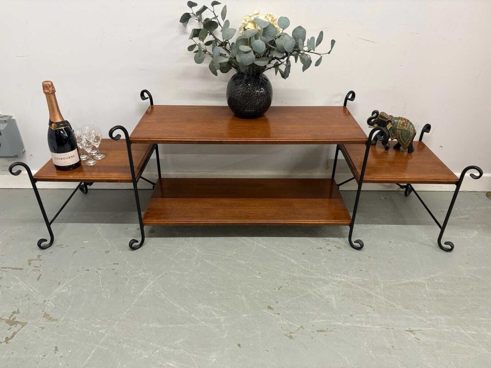 Mid Century Wood And Wrought Iron Coffee Table, Retro Long Table With Shelves photo furniture