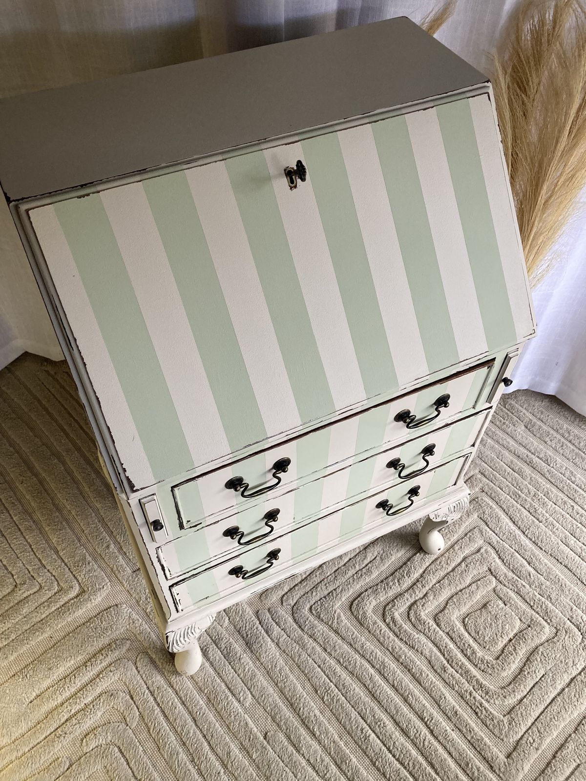 Vintage Bureau With Hand Painted Stripes In F&B Vert De Terre photo vinterior