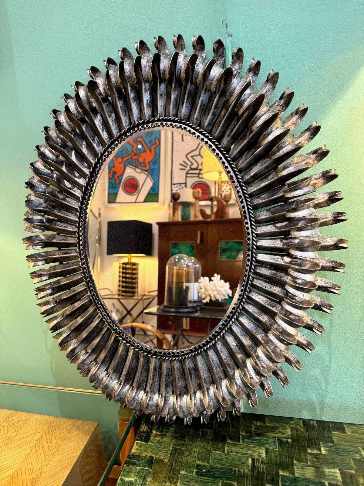 A Spanish 1960s Silvered Metal Oval Landscape Or Portrait Eyelash Mirror photo 1195.0