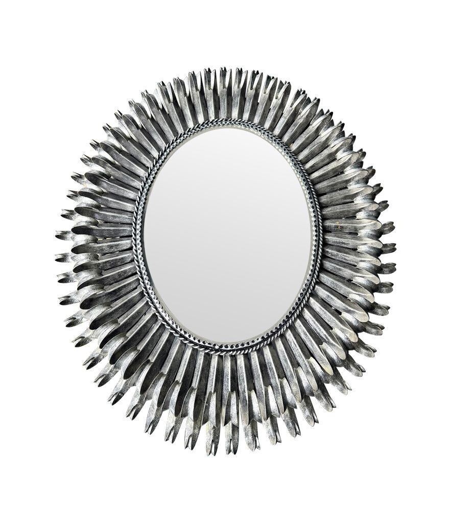 photo for sale A Spanish 1960s Silvered Metal Oval Landscape Or Portrait Eyelash Mirror