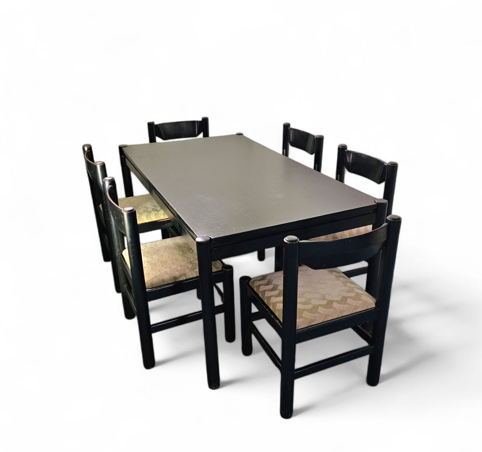 Rare Dining Set / Vico Magistretti / Italy / 1970s / Solid Black Painted Wood / 6 X Chair / Matching Table