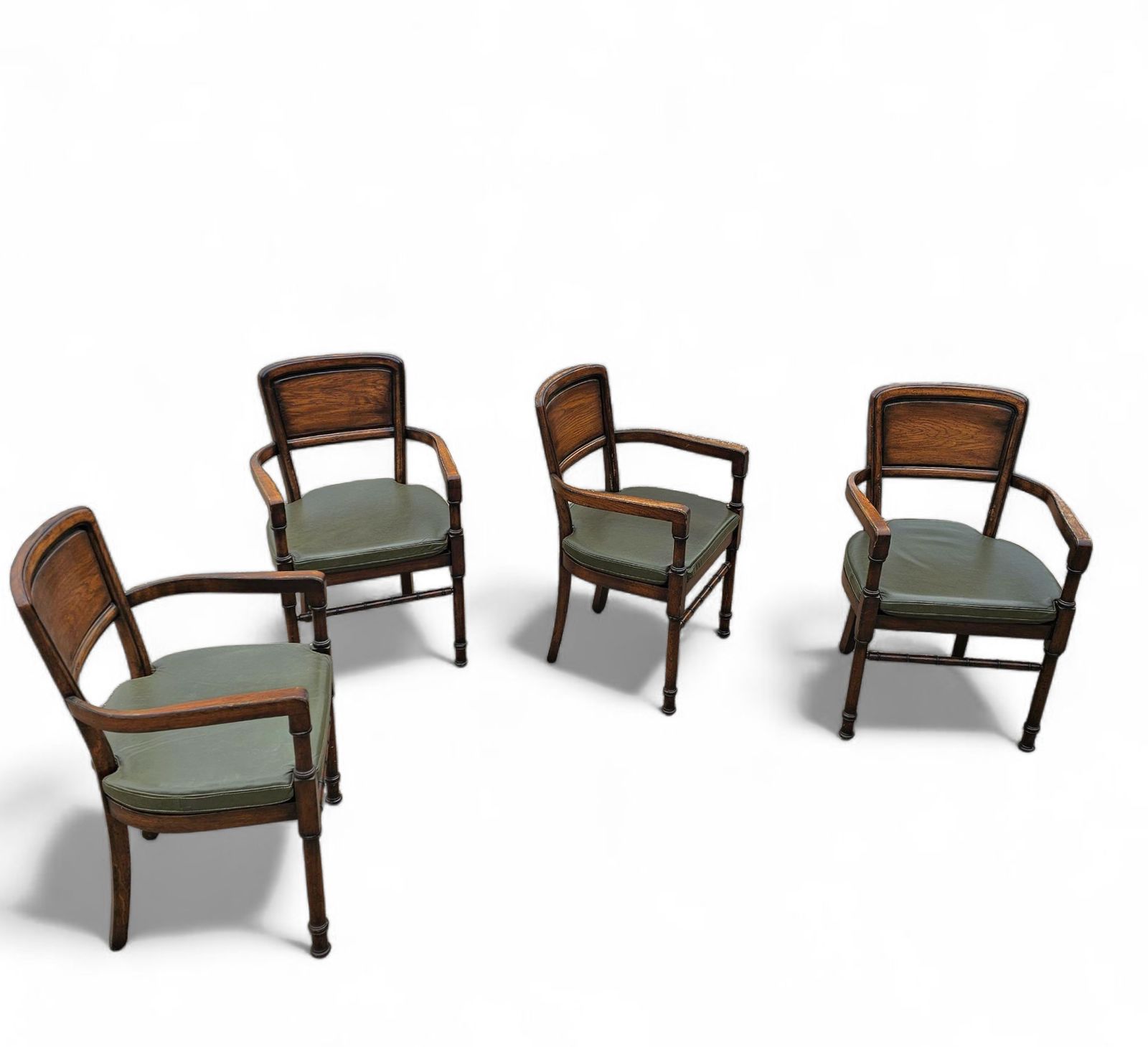 4 X Rac Royal English Dining Chairs / Green Leather Cushions photo vintage