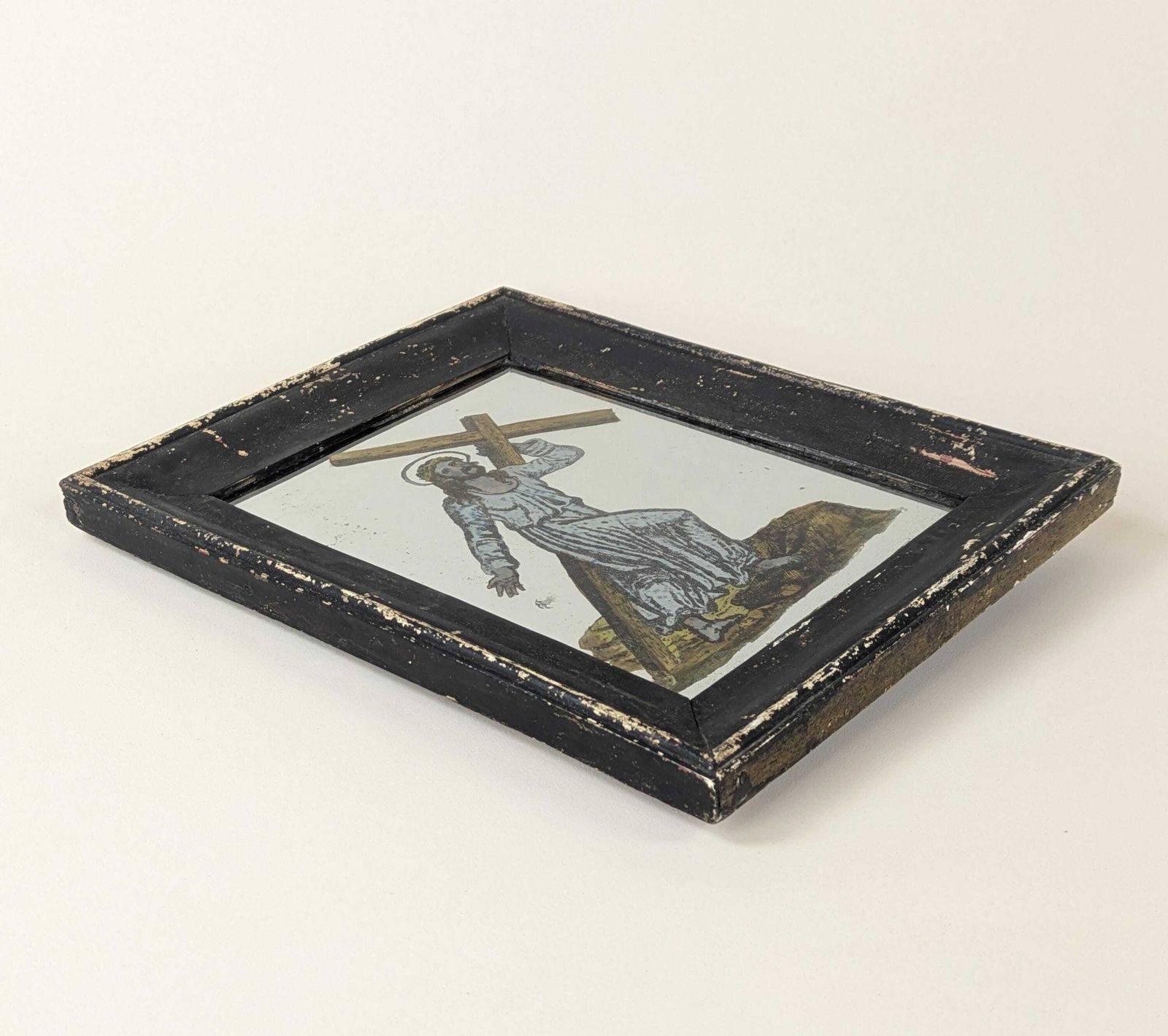 Antique French Folk Art Religious Jesus Reverse Painted Decalcomania Curio Mirror Framed Oddity photo furniture