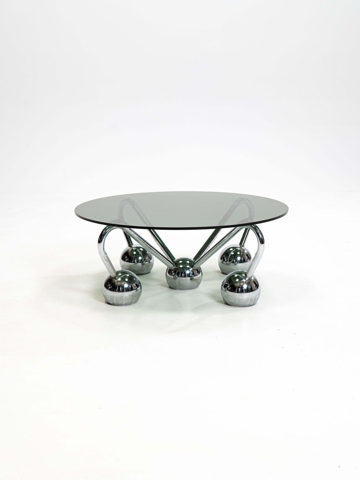Sputnik Coffee Table In Chromed Metal And Smoked Glass,1970s,Italy photo vintage