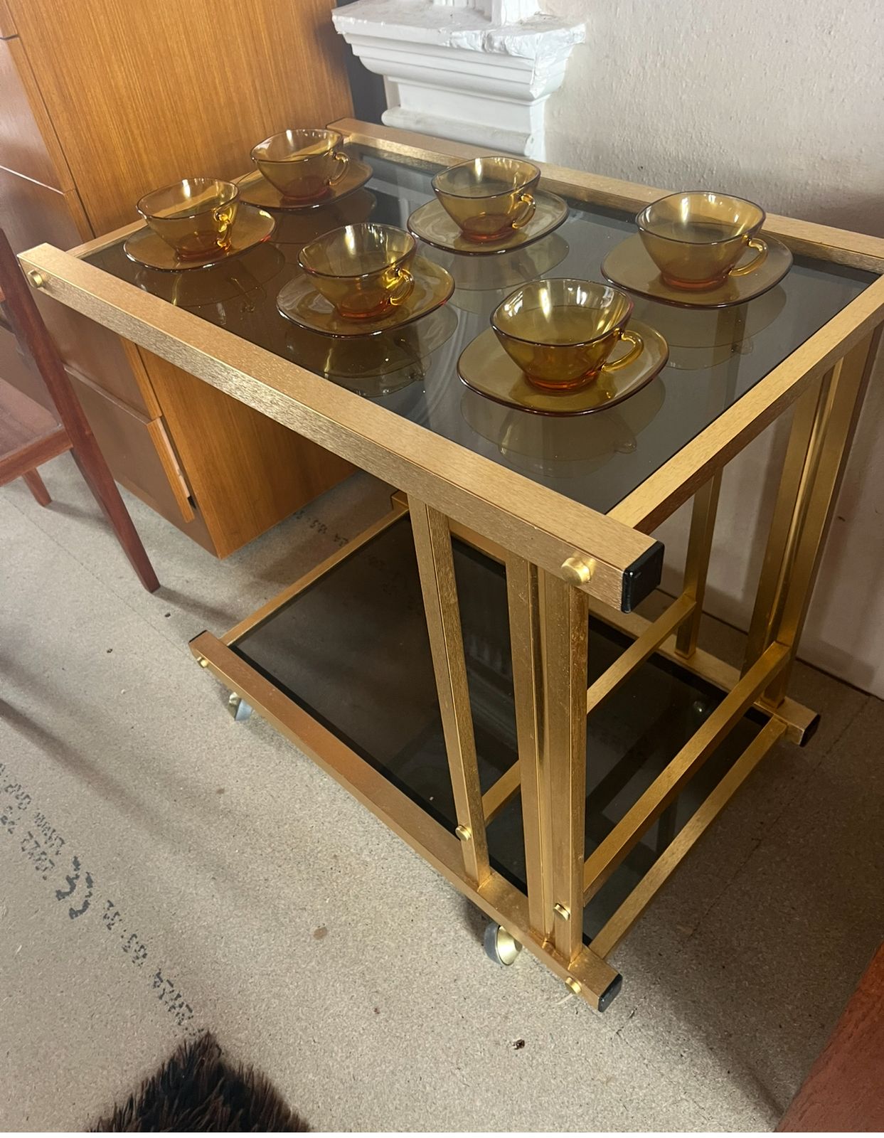 Mid Century Italian Bar Cart Gold Brushed Steel With Smoked Glass Shelves Attributed To Romeo Rega Italian Designer photo buy